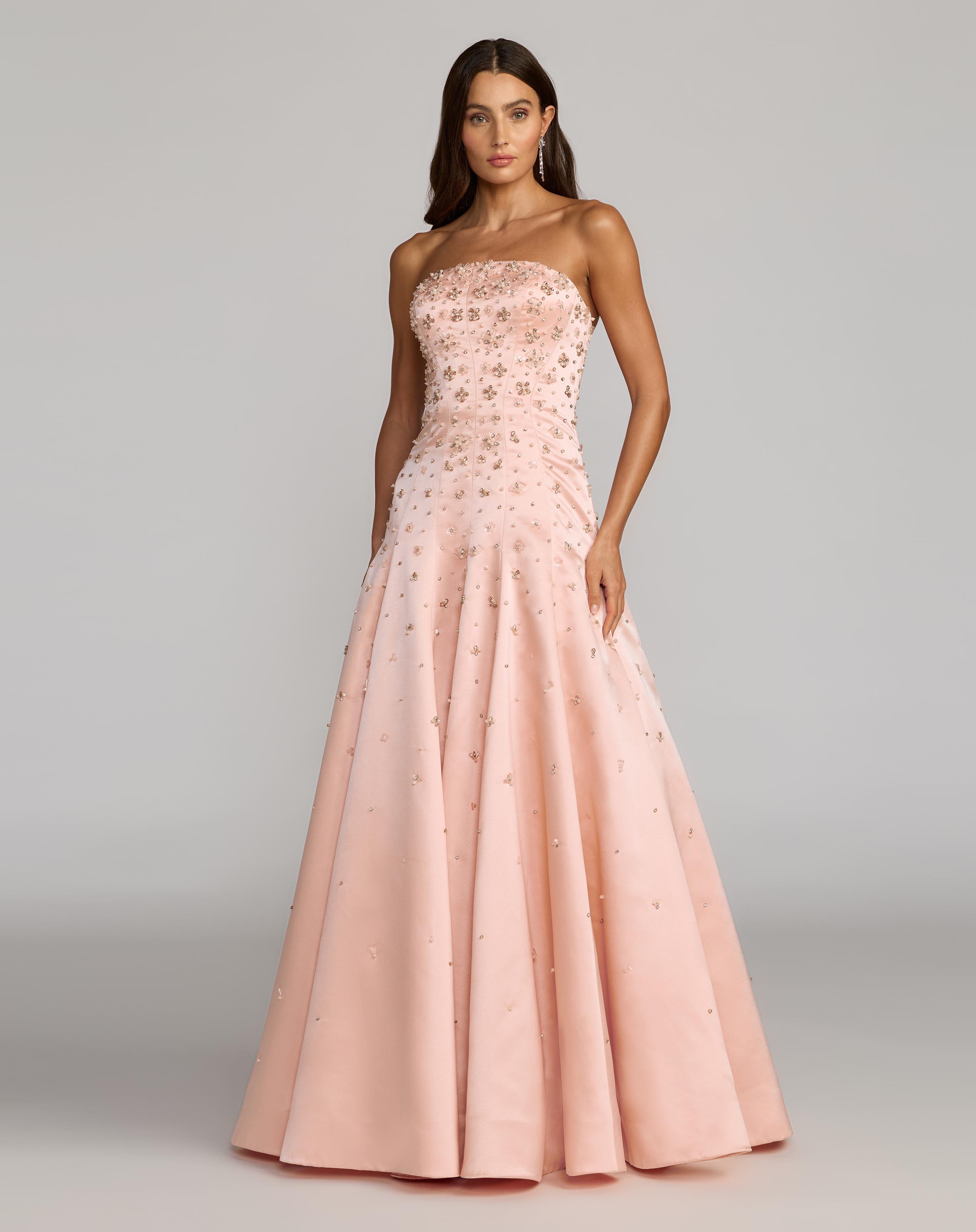 Pink Strapless Embellished Satin Ball Gown With Pockets - Mac Duggal