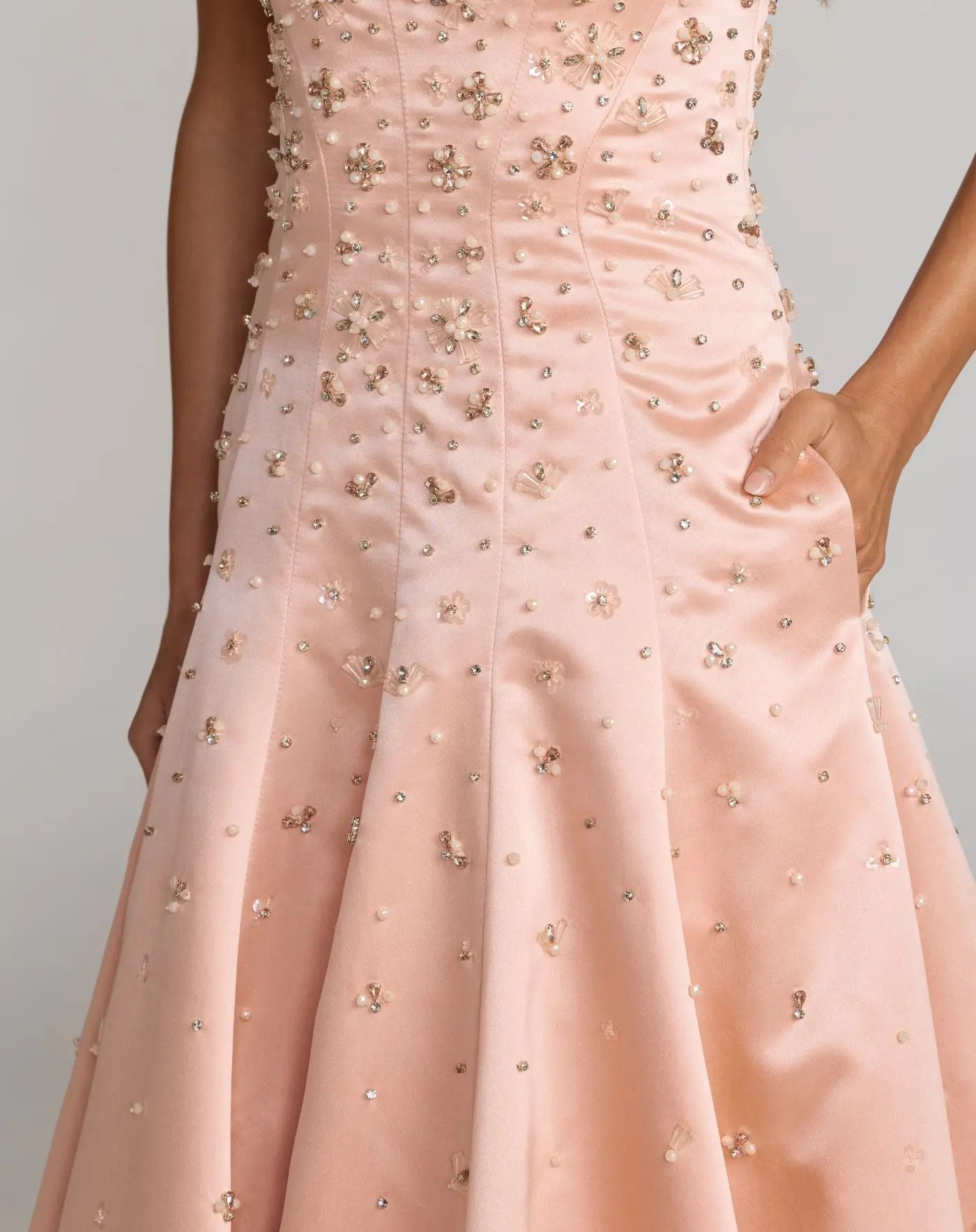 Pink Strapless Embellished Satin Ball Gown With Pockets - Mac Duggal