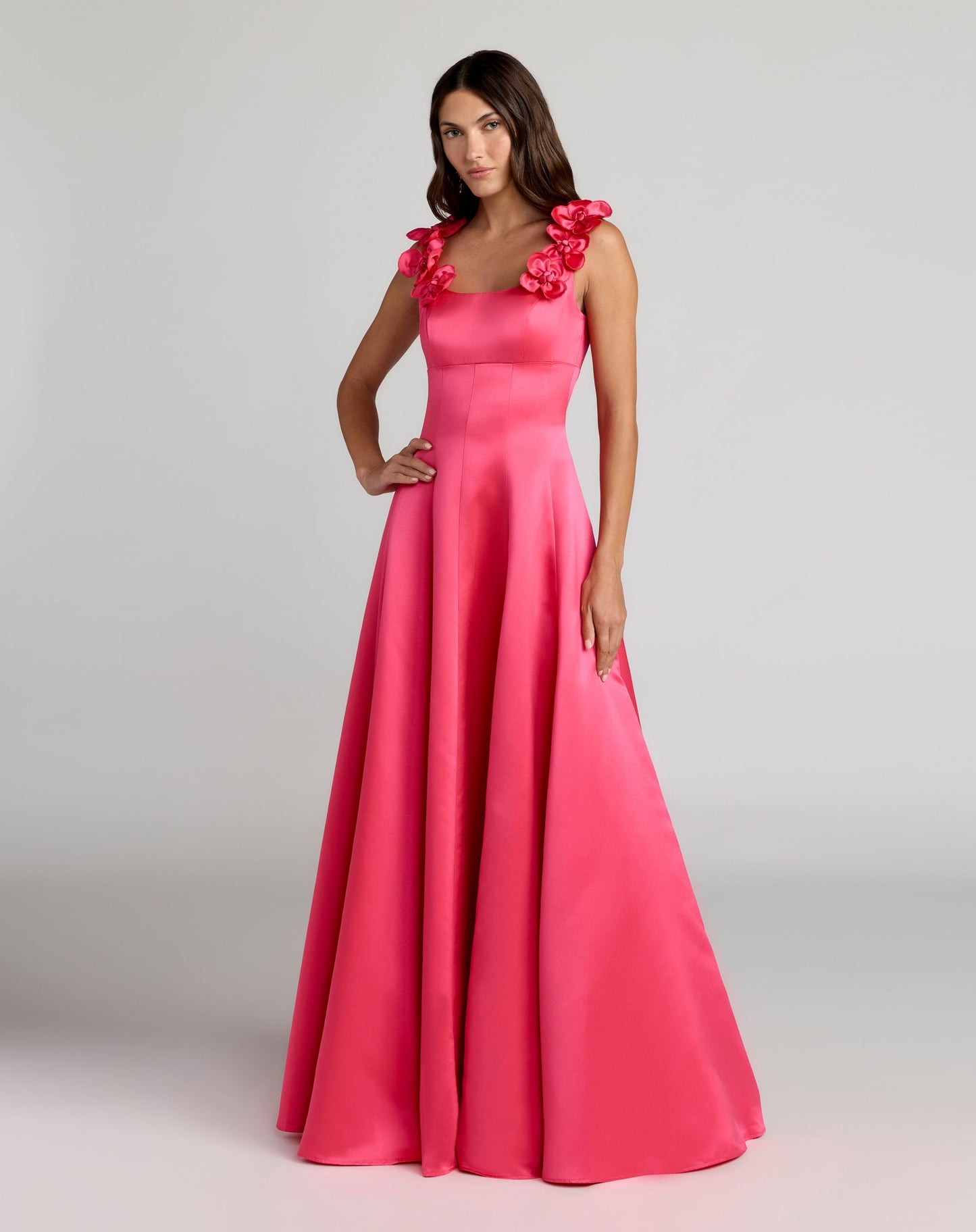 Pink Sleeveless Satin Ball Gown With 3D Flower Straps - Ieena for Mac Duggal