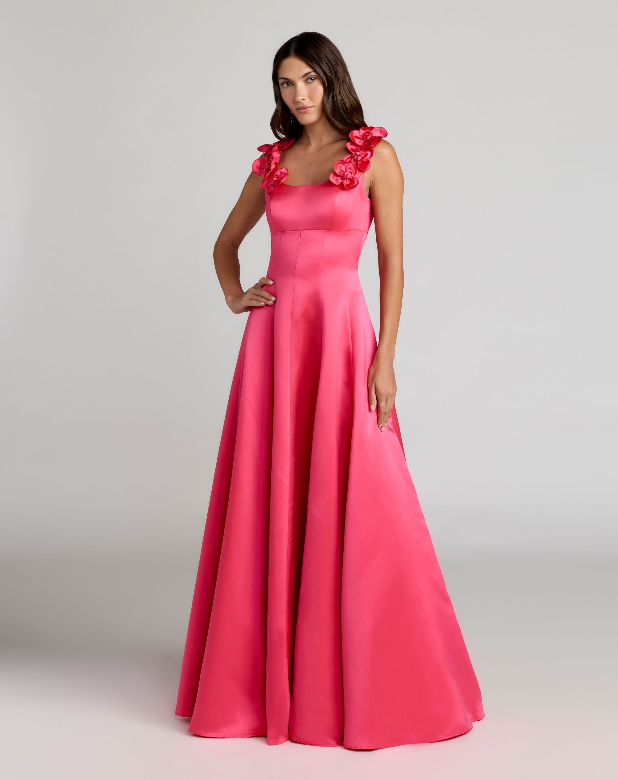 Pink Sleeveless Satin Ball Gown With 3D Flower Straps - Ieena for Mac Duggal