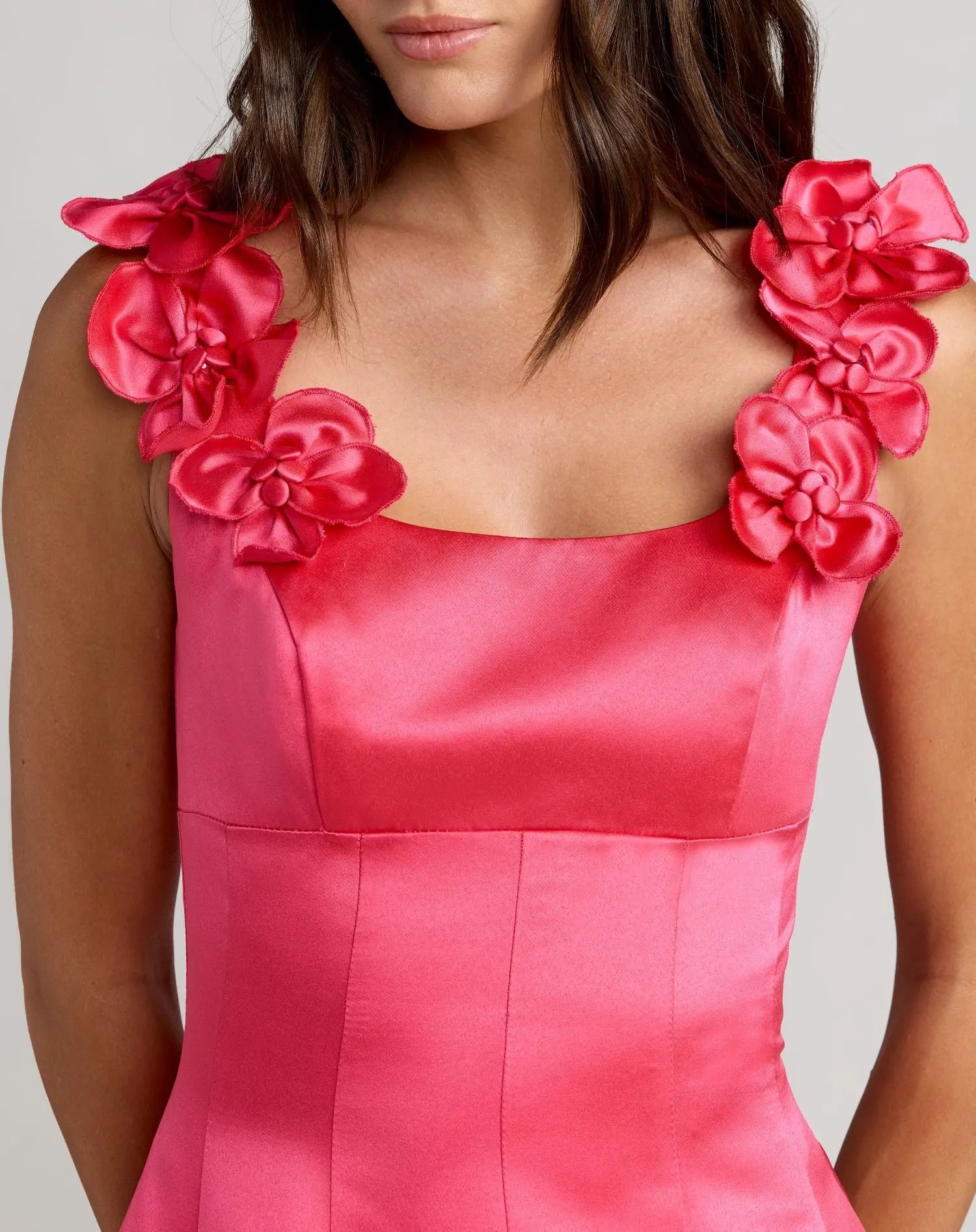 Pink Sleeveless Satin Ball Gown With 3D Flower Straps - Ieena for Mac Duggal