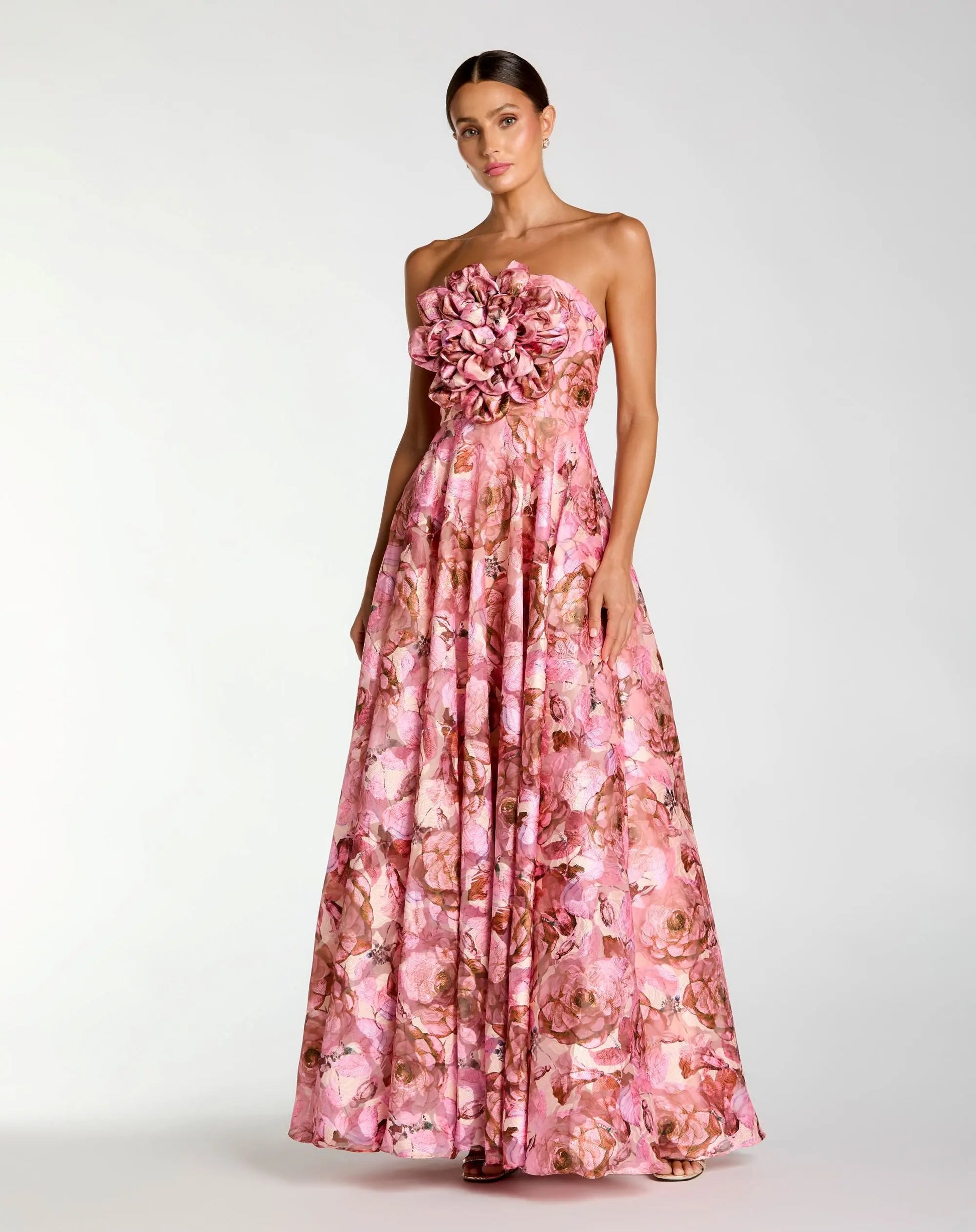 Pink Strapless Floral Printed A-Line Gown With 3D Flower - Ieena for Mac Duggal