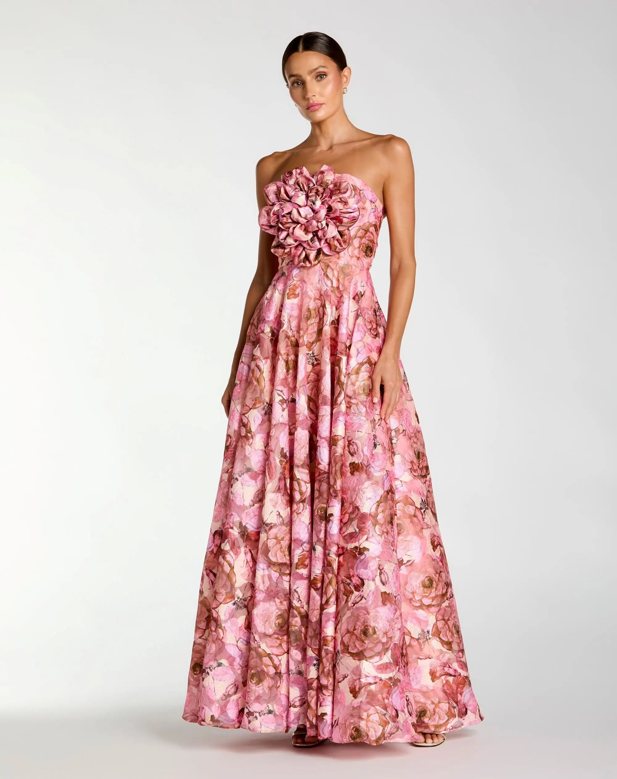 Pink Strapless Floral Printed A-Line Gown With 3D Flower - Ieena for Mac Duggal