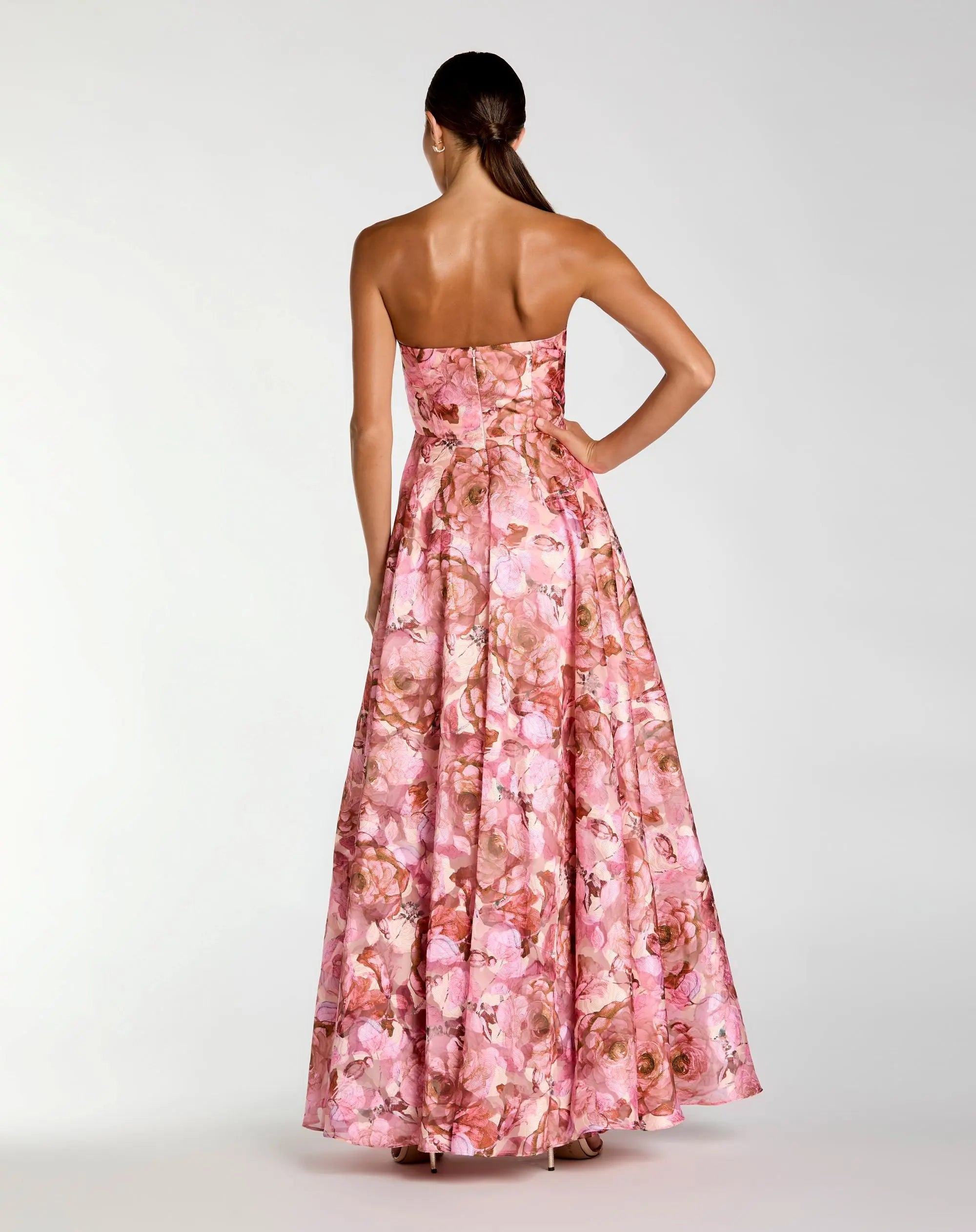 Robe Rose Bustier Imprimé Floral Coupe Trapèze avec Fleur 3D | Mac