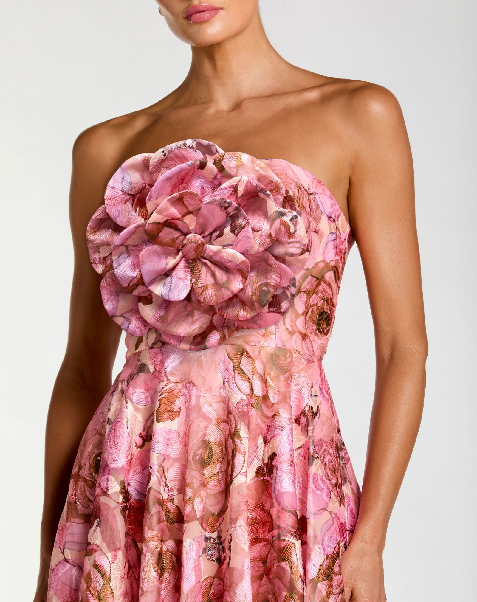 Pink Strapless Floral Printed A-Line Gown With 3D Flower - Ieena for Mac Duggal
