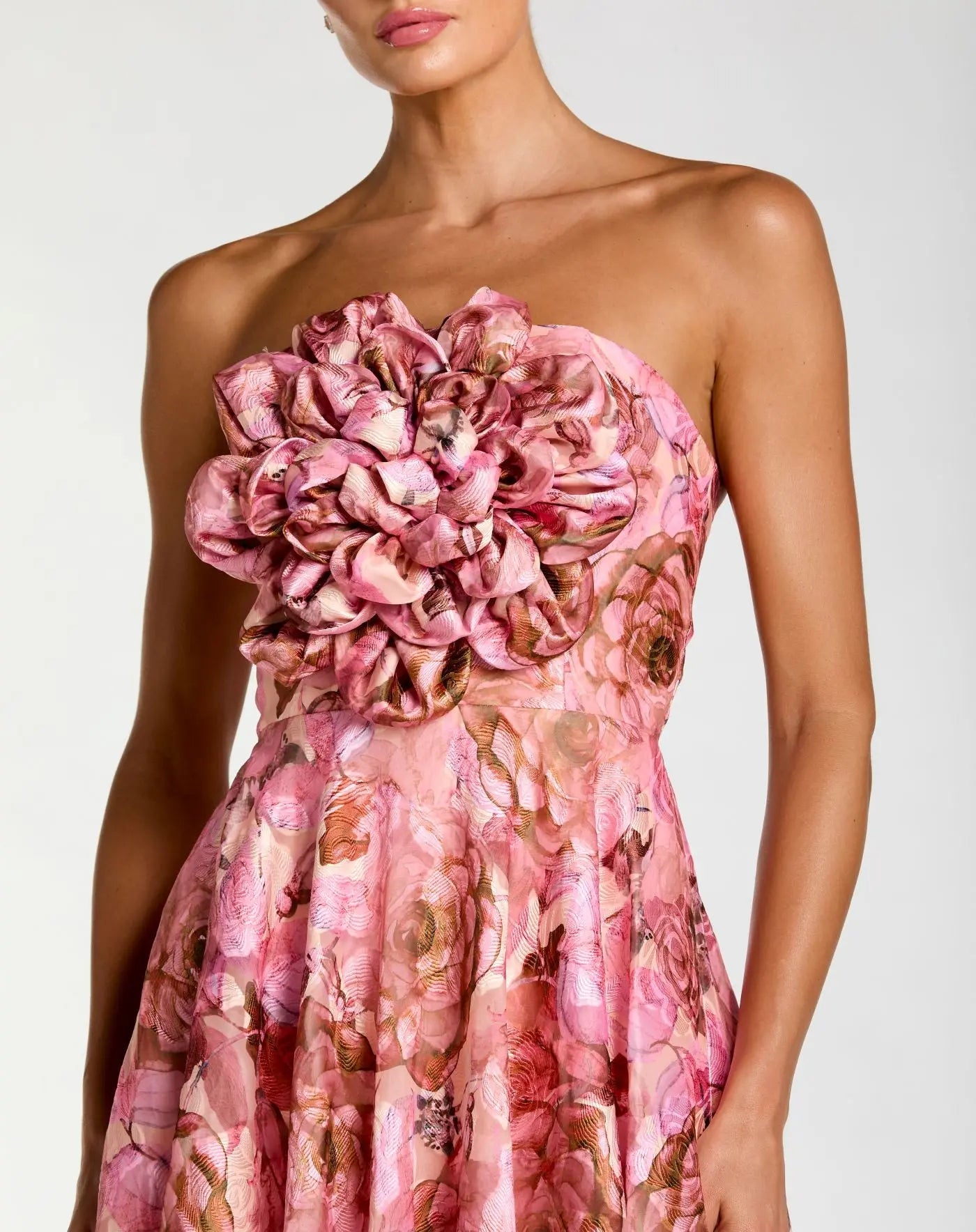 Pink Strapless Floral Printed A-Line Gown With 3D Flower - Ieena for Mac Duggal