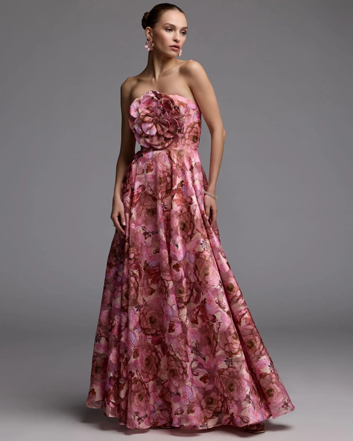 Pink Strapless Floral Printed A-Line Gown With 3D Flower - Ieena for Mac Duggal