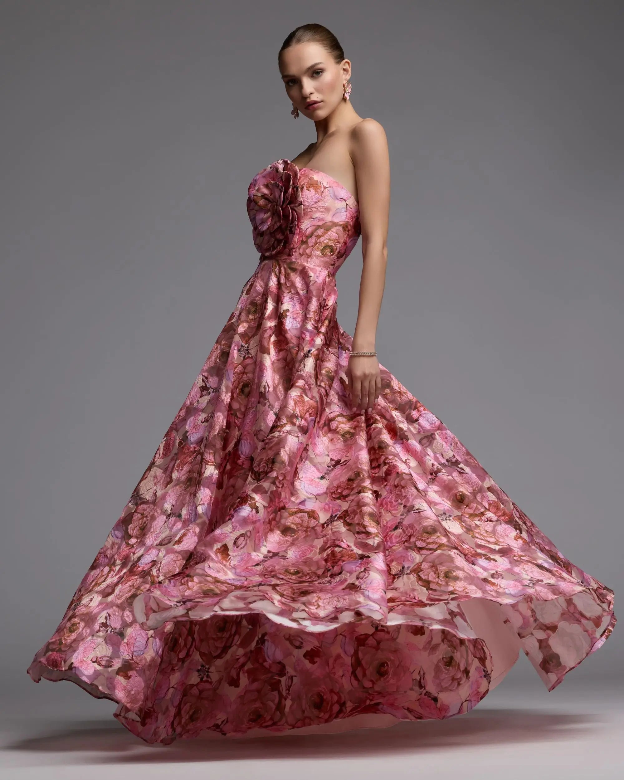 Pink Strapless Floral Printed A-Line Gown With 3D Flower - Ieena for Mac Duggal
