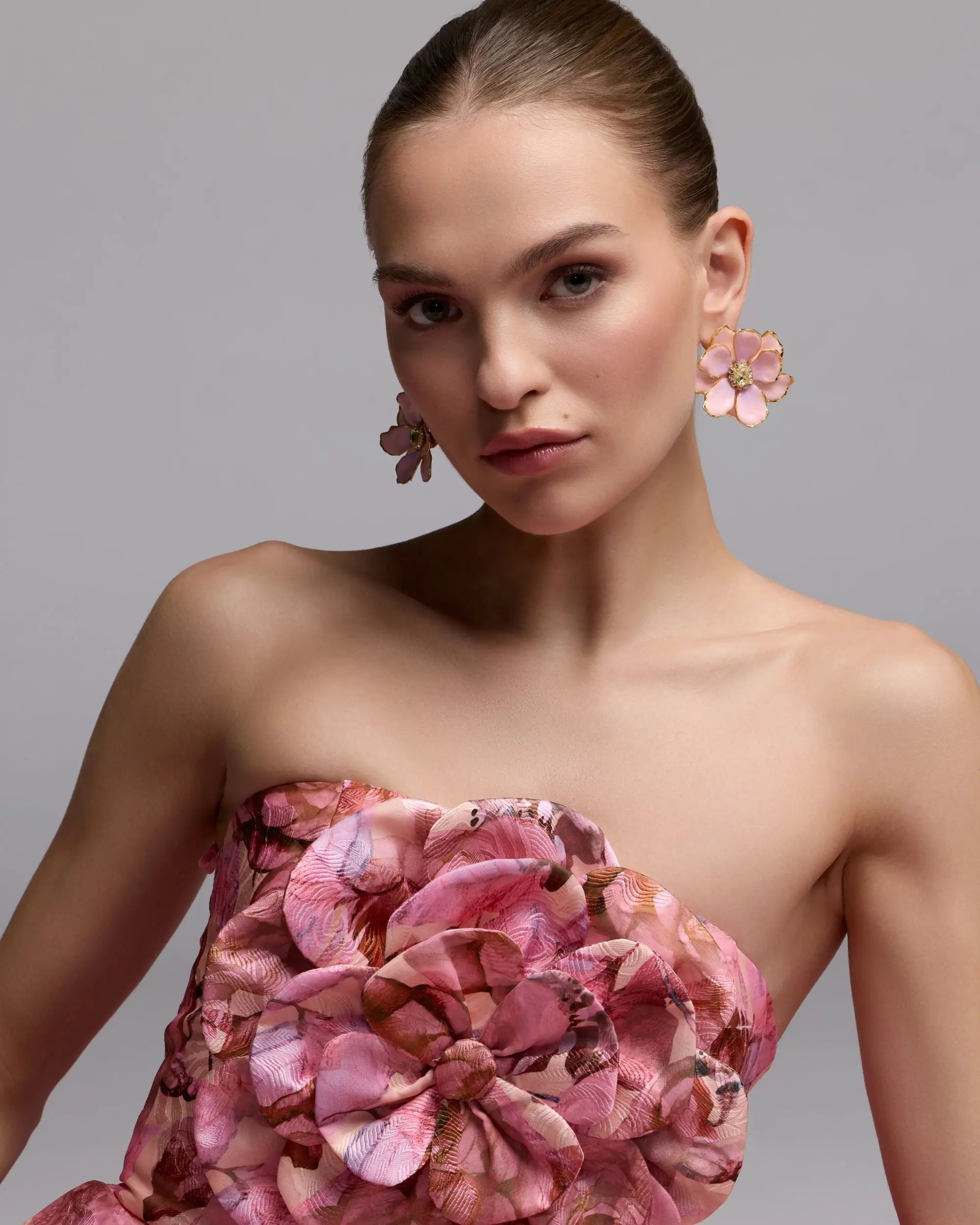 Pink Strapless Floral Printed A-Line Gown With 3D Flower - Ieena for Mac Duggal