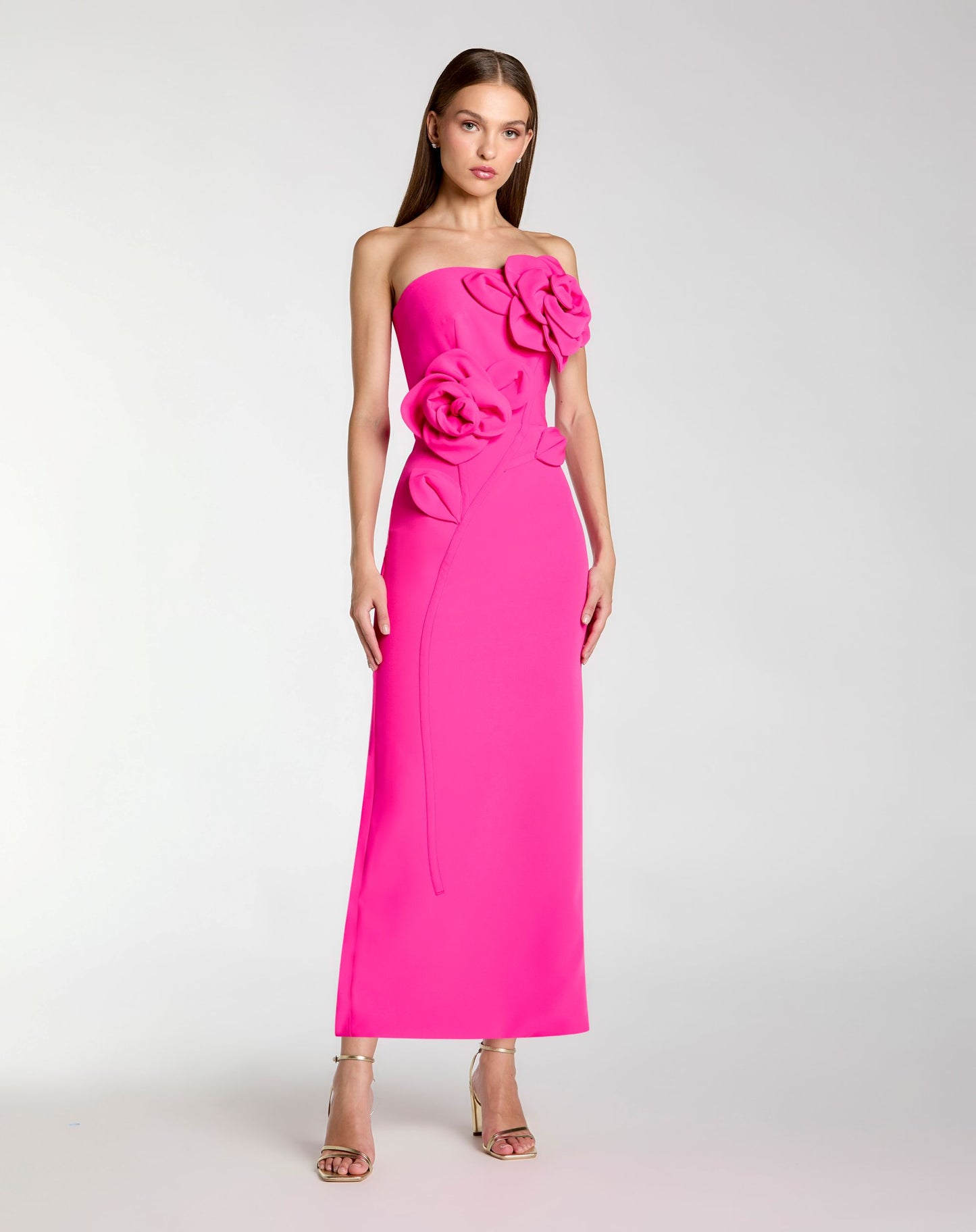 Pink Strapless Crepe Dress With 3D Flower Detail - Ieena for Mac Duggal