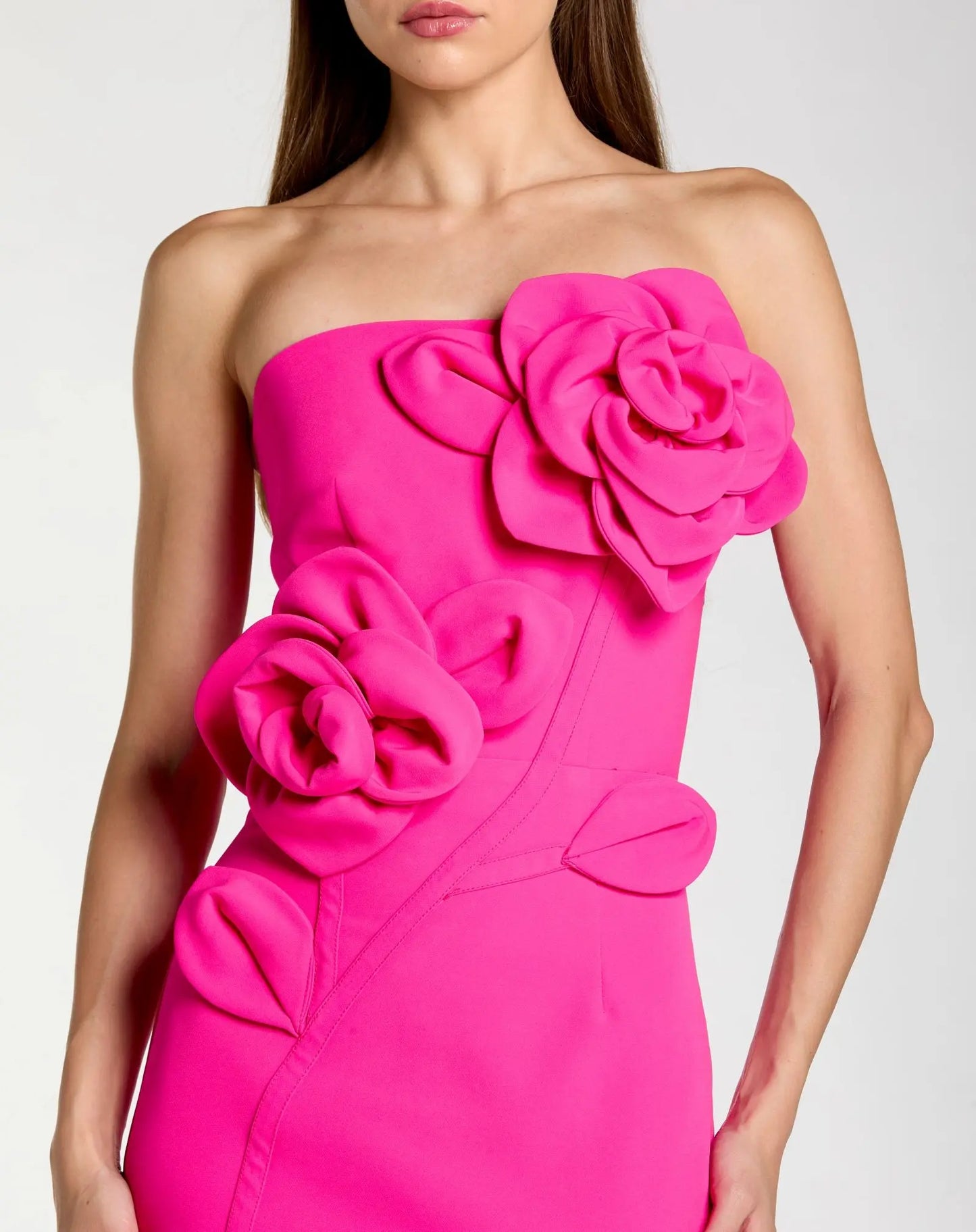 Pink Strapless Crepe Dress With 3D Flower Detail | Mac Duggal Pink Strapless Crepe Dress With 3D Flower Detail | Mac Duggal