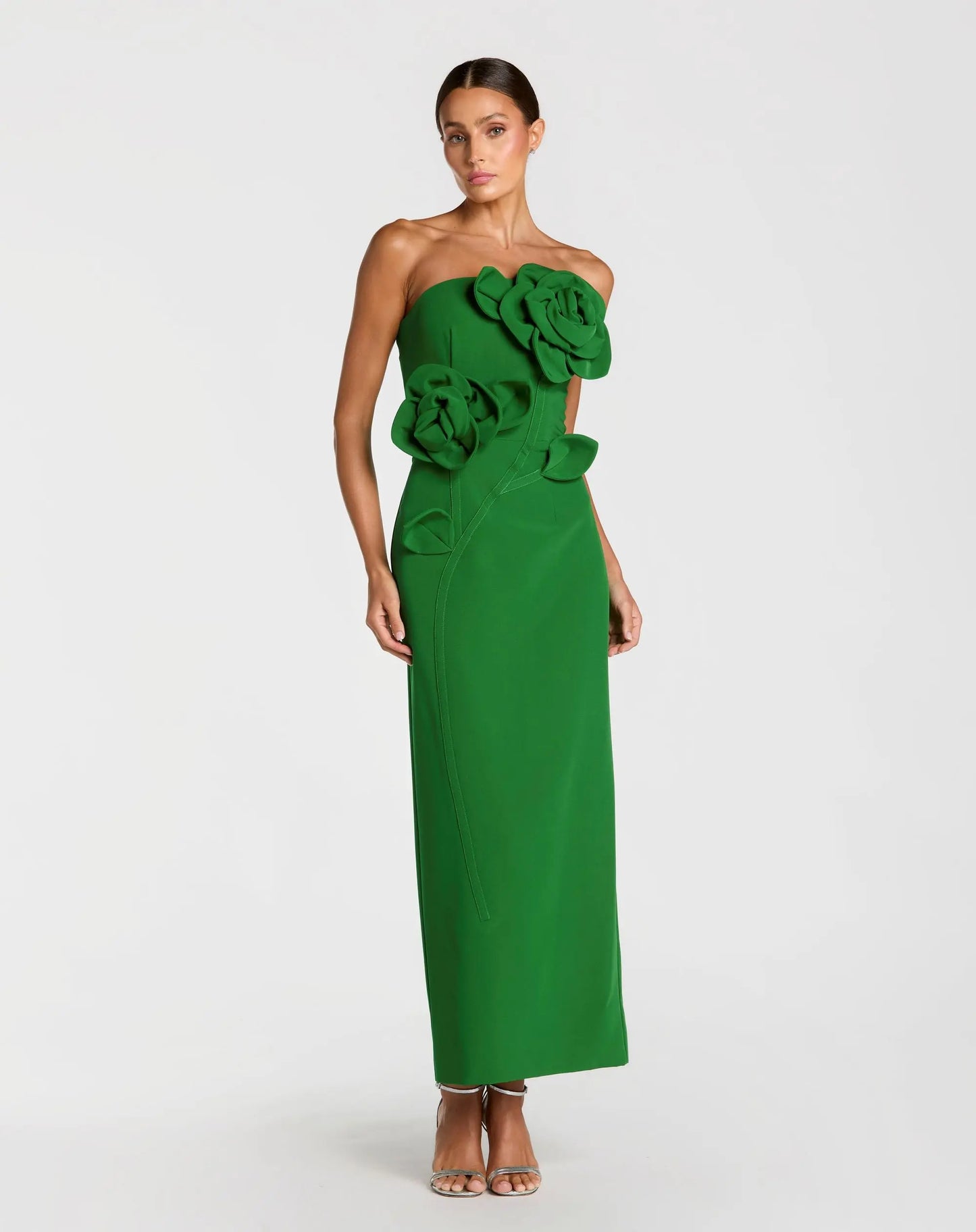 Green Strapless Crepe Dress With 3D Flower Detail | Mac Duggal Green Strapless Crepe Dress With 3D Flower Detail | Mac Duggal