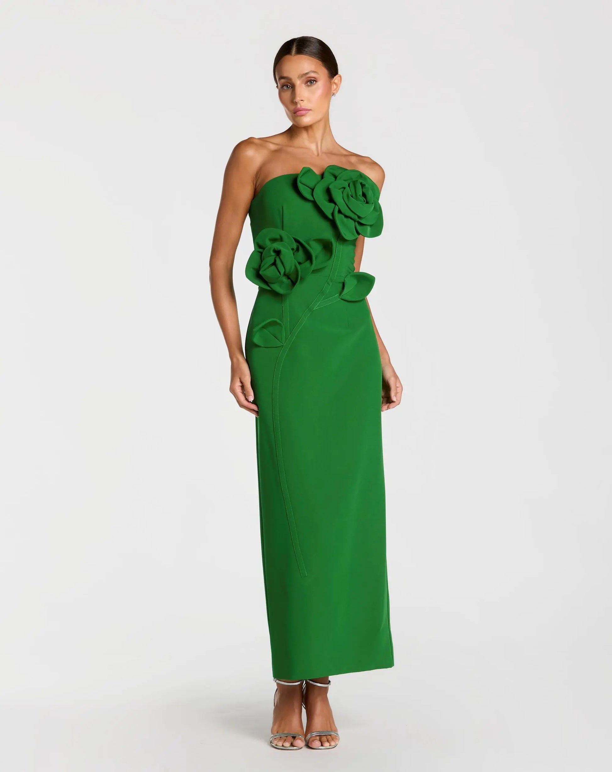 Green Strapless Crepe Dress With 3D Flower Detail | Mac Duggal Green Strapless Crepe Dress With 3D Flower Detail | Mac Duggal