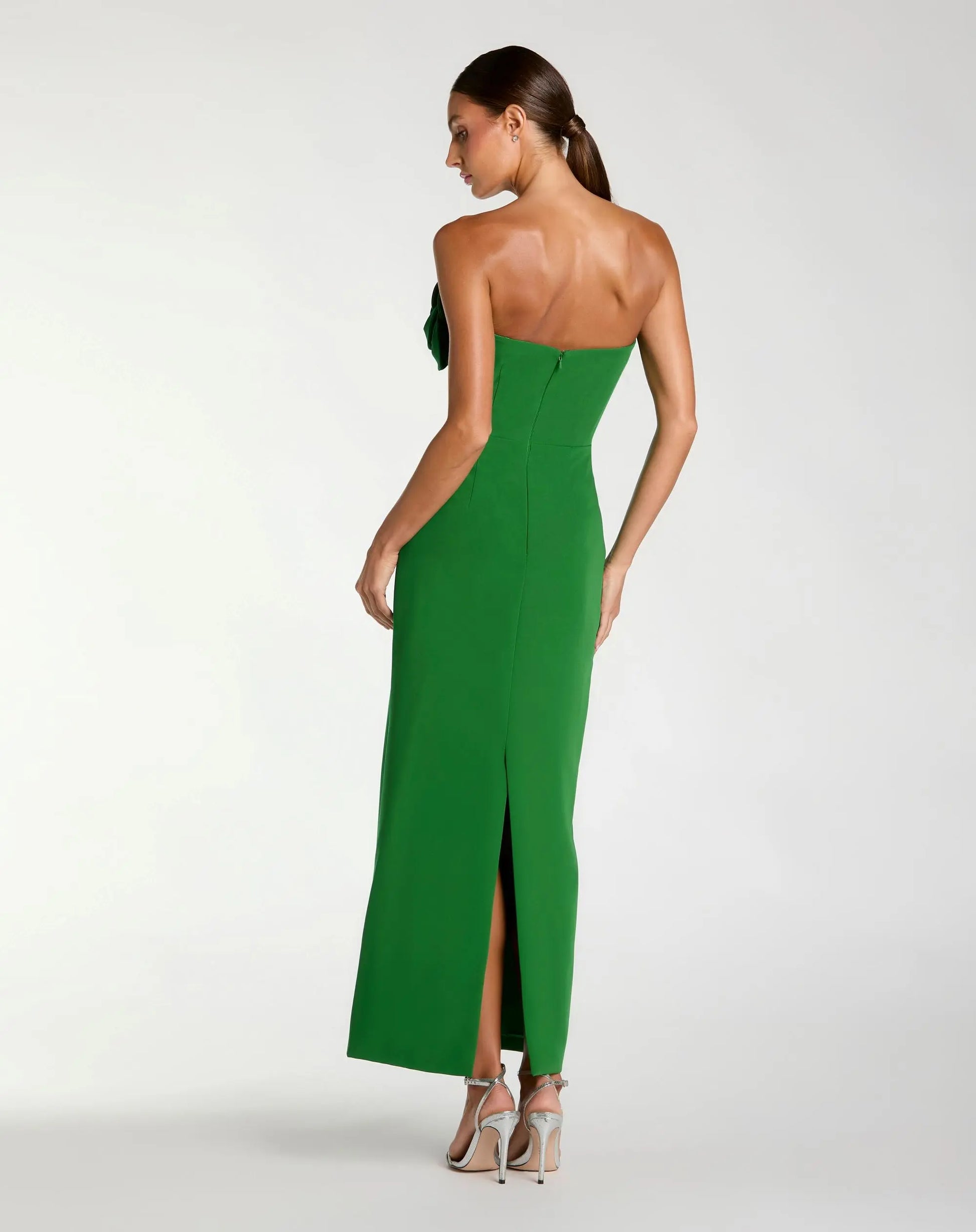 Green Strapless Crepe Dress With 3D Flower Detail | Mac Duggal Green Strapless Crepe Dress With 3D Flower Detail | Mac Duggal