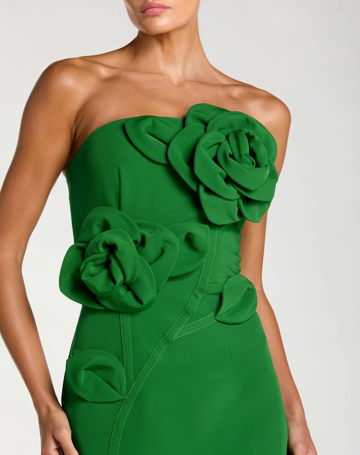 Green Strapless Crepe Dress With 3D Flower Detail | Mac Duggal Green Strapless Crepe Dress With 3D Flower Detail | Mac Duggal