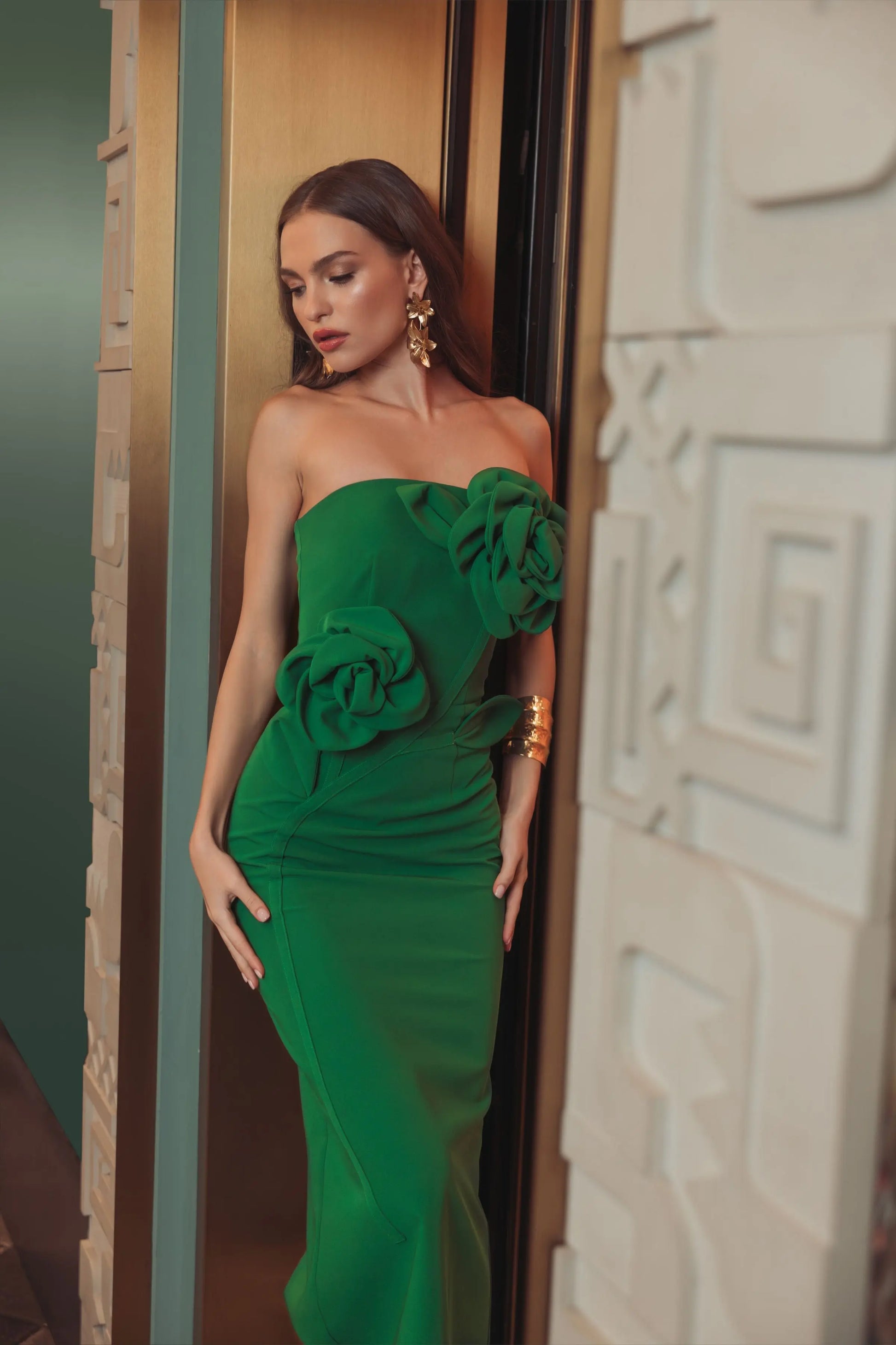 Green Strapless Crepe Dress With 3D Flower Detail | Mac Duggal Green Strapless Crepe Dress With 3D Flower Detail | Mac Duggal