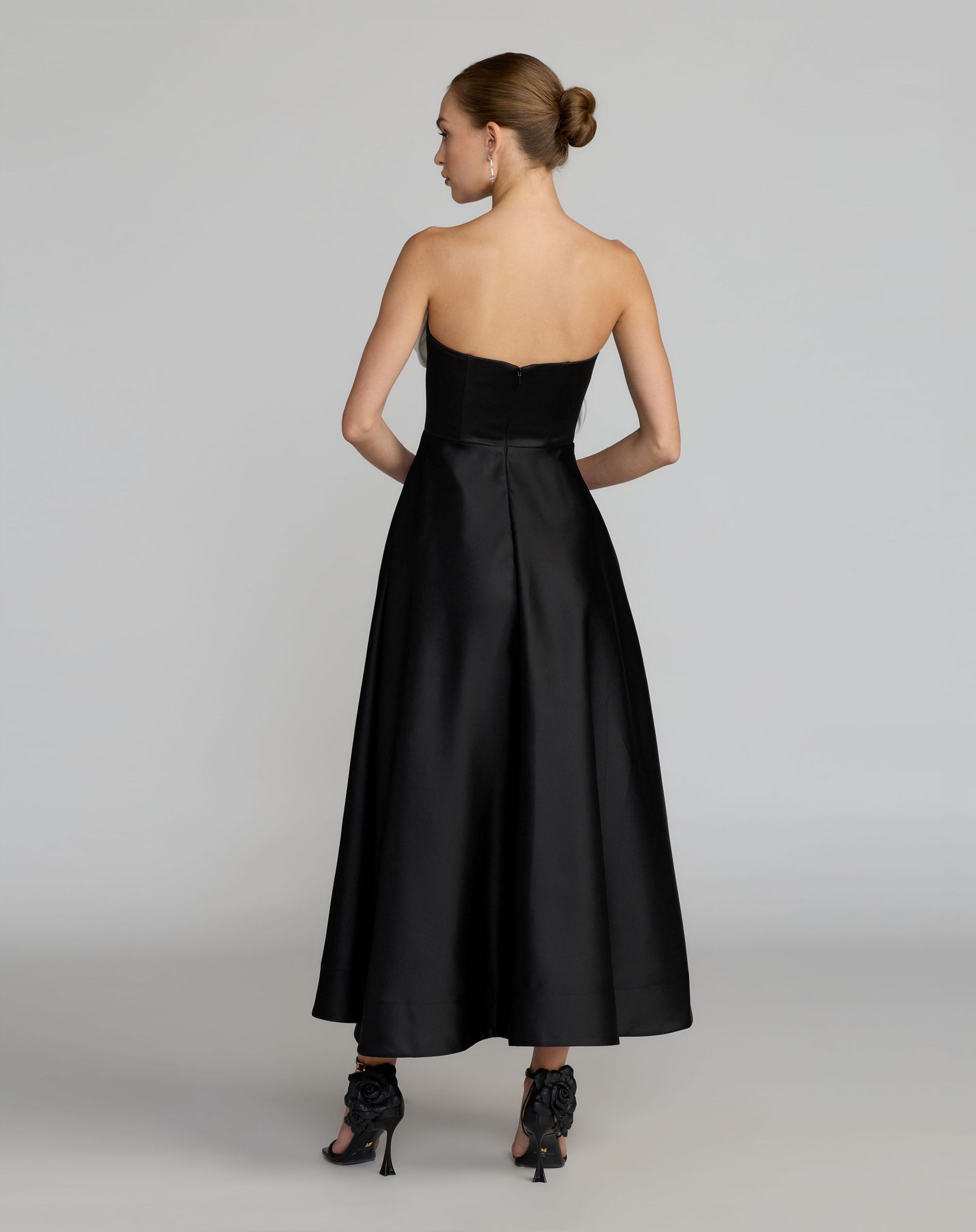 Black Strapless Satin A-Line Dress With 3D Flowers