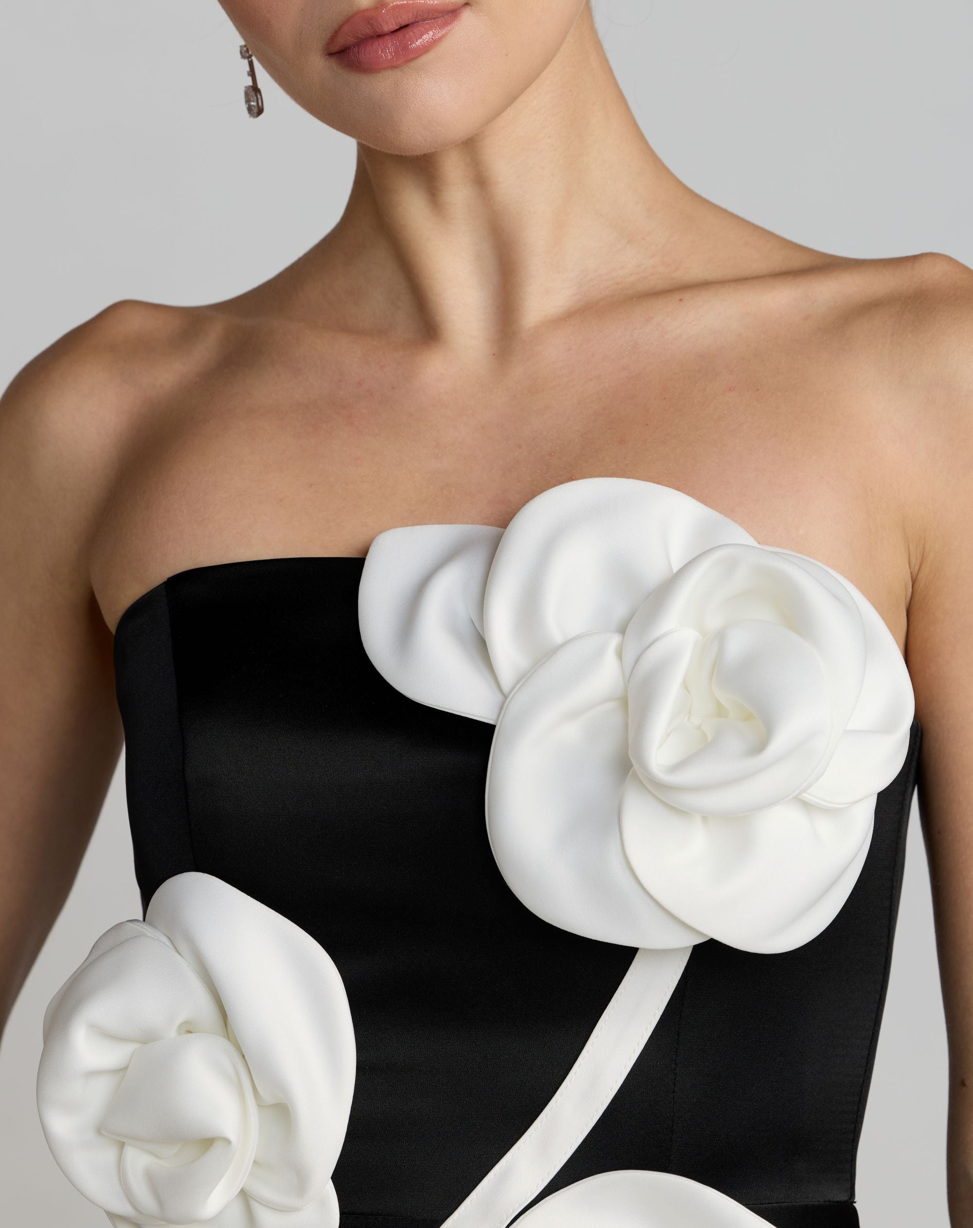 Black Strapless Satin A-Line Dress With 3D Flowers | Mac Duggal