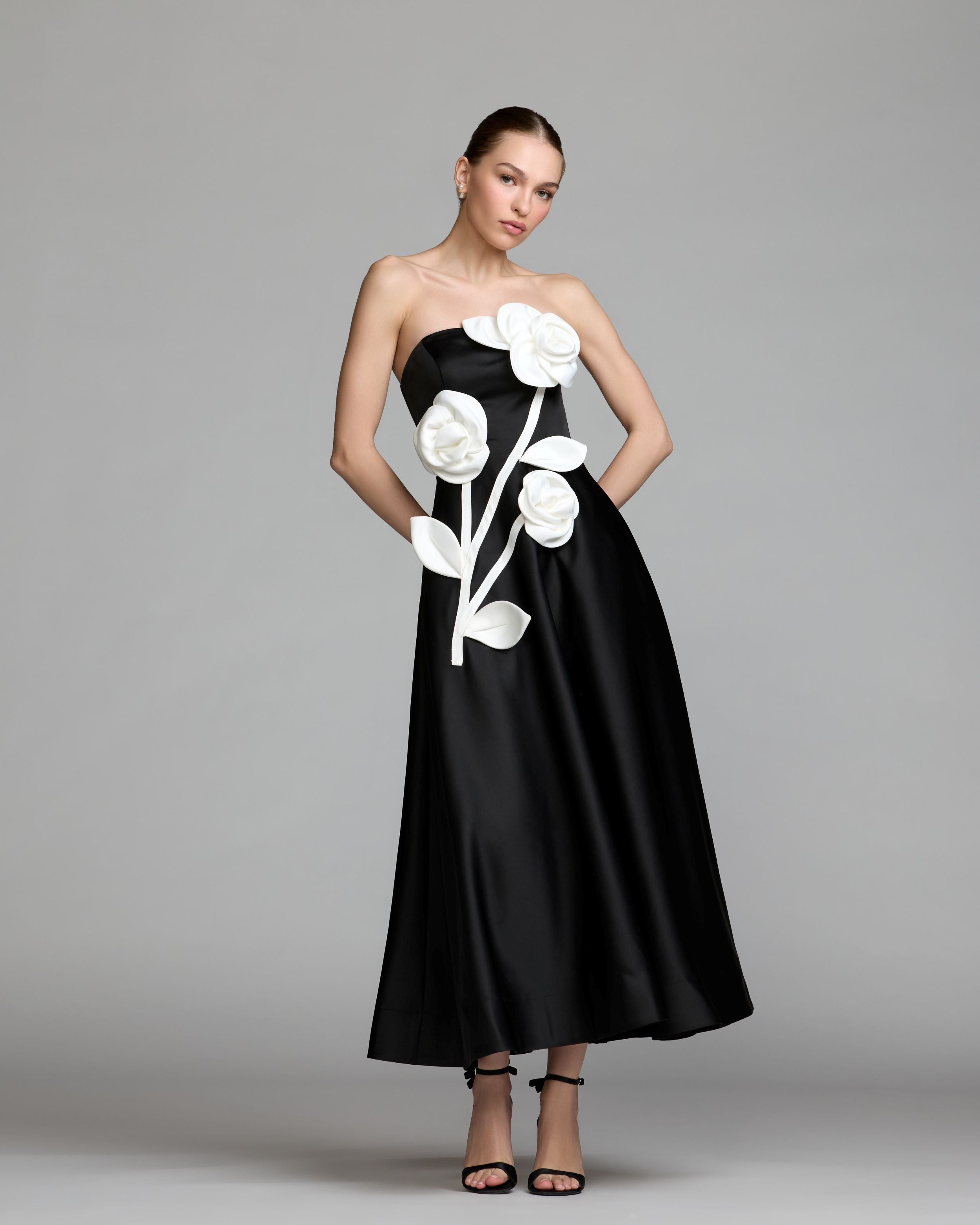 Black Strapless Satin A-Line Dress With 3D Flowers