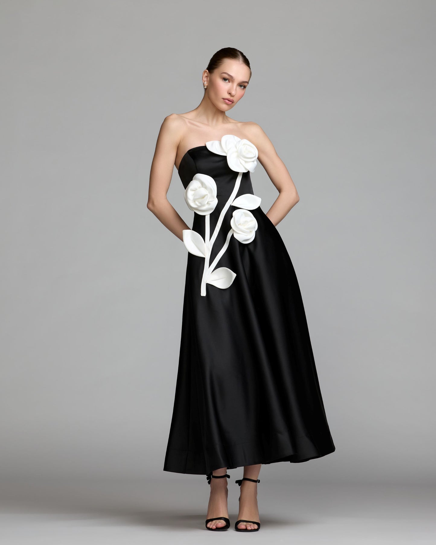 Black Strapless Satin A-Line Dress With 3D Flowers