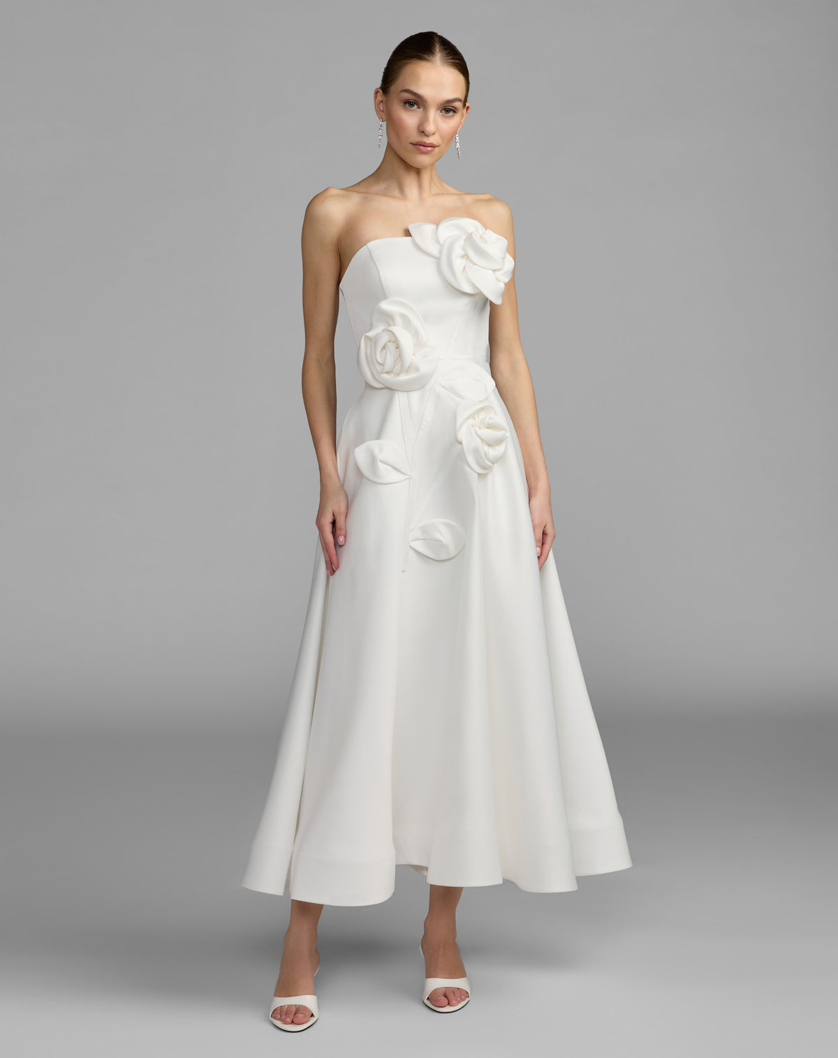 White Strapless Satin A-Line Dress With 3D Flowers - Ieena for Mac Duggal