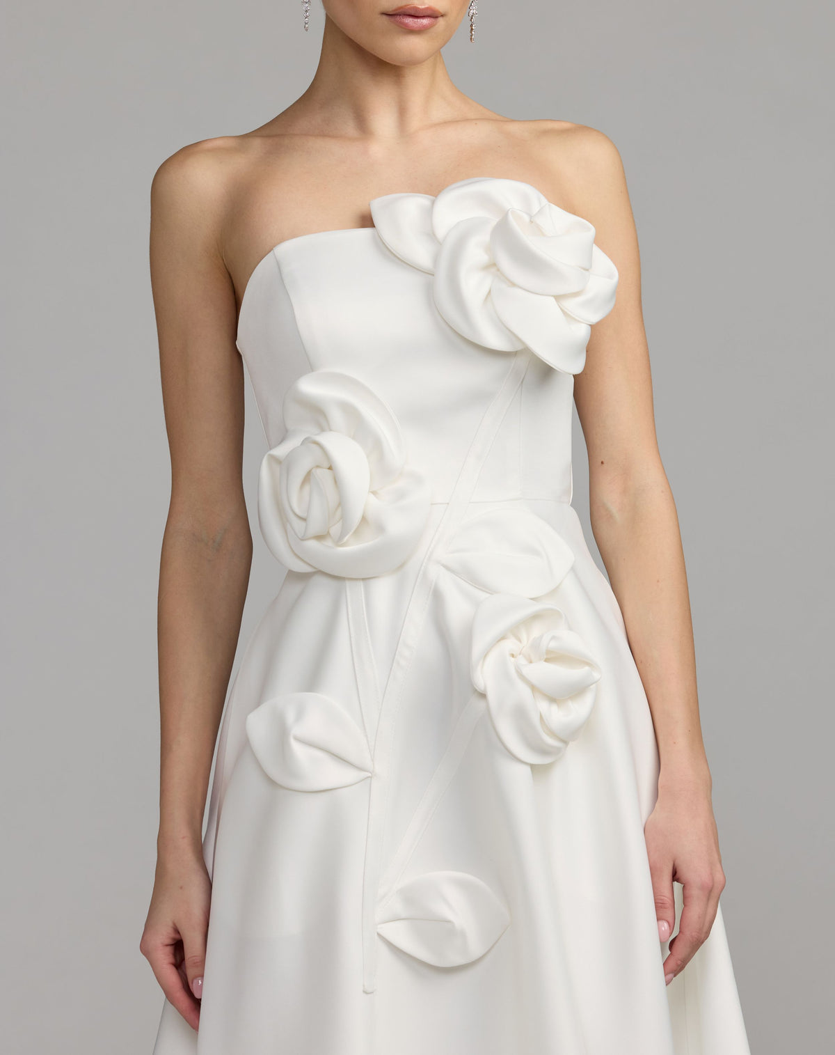 White Strapless Satin A-Line Dress With 3D Flowers - Ieena for Mac Duggal