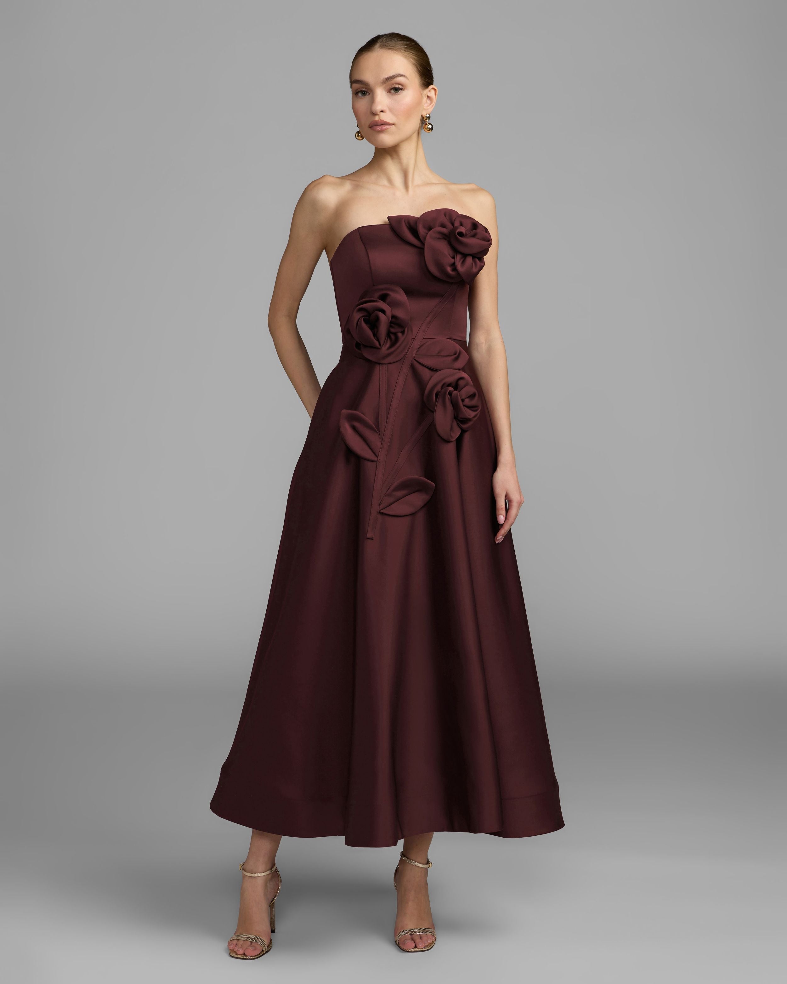 Burgundy Strapless Satin A-Line Dress With 3D Flowers - Ieena for Mac Duggal