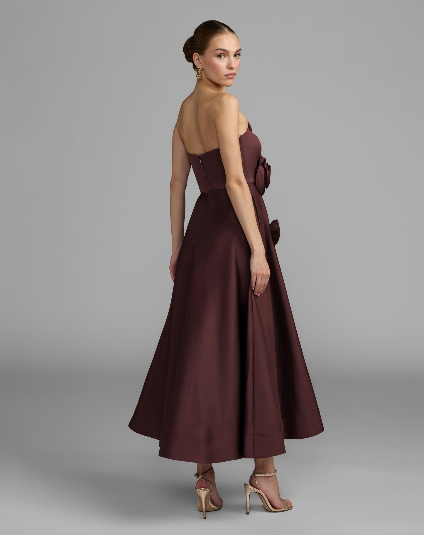 Burgundy Strapless Satin A-Line Dress With 3D Flowers - Ieena for Mac Duggal
