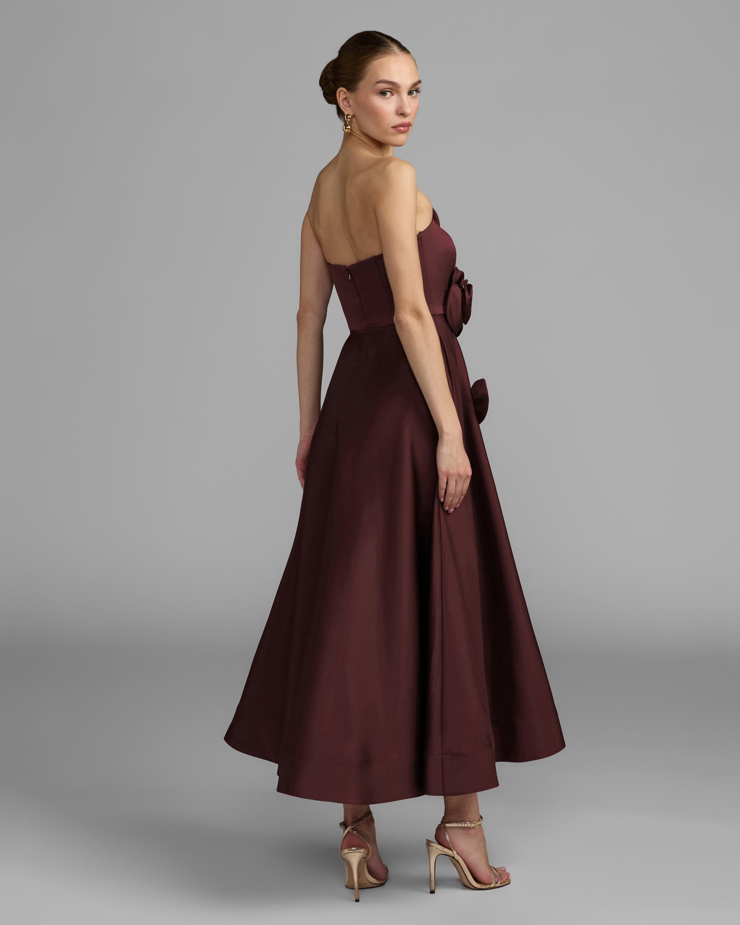 Burgundy Strapless Satin A-Line Dress With 3D Flowers - Ieena for Mac Duggal