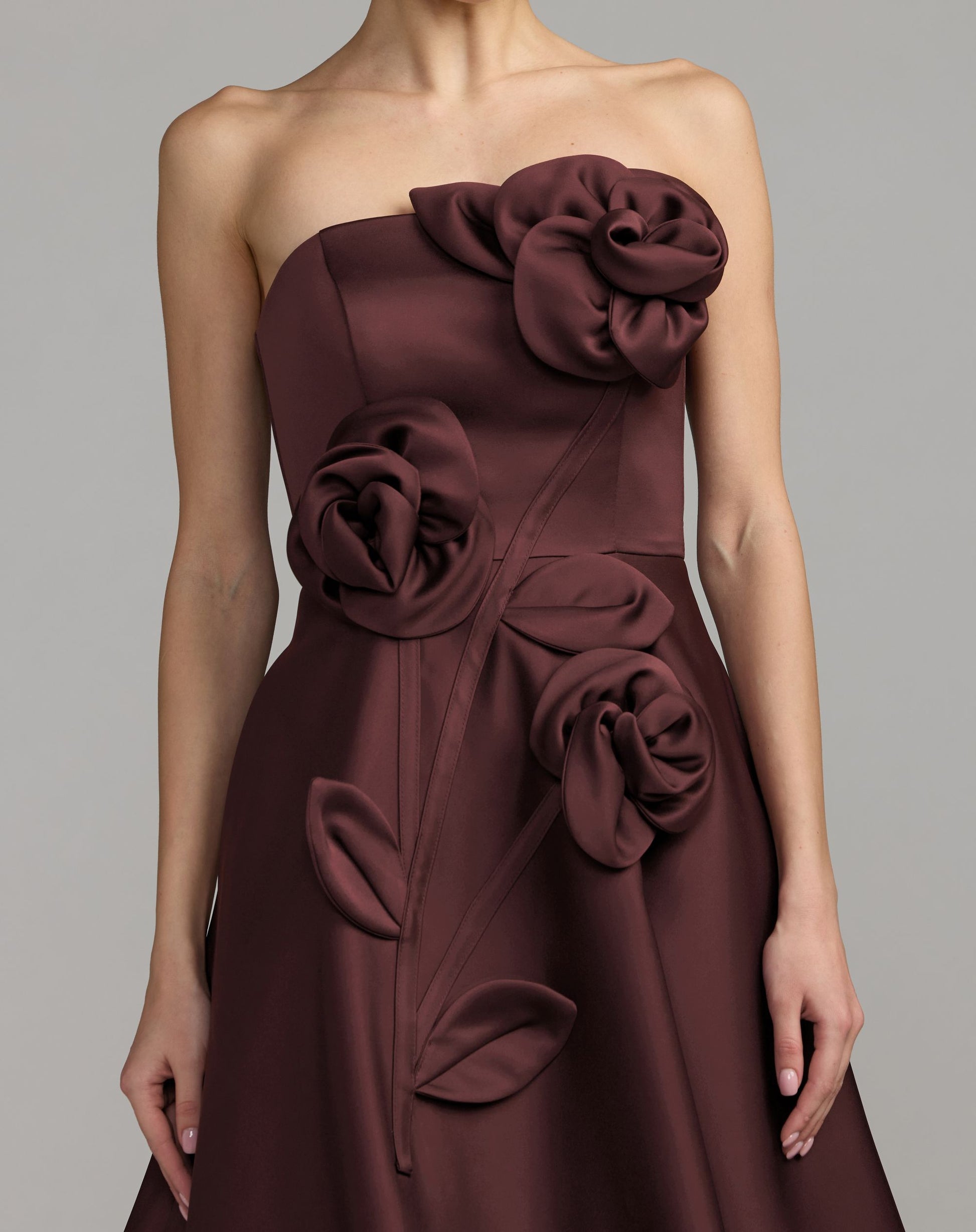 Burgundy Strapless Satin A-Line Dress With 3D Flowers - Ieena for Mac Duggal