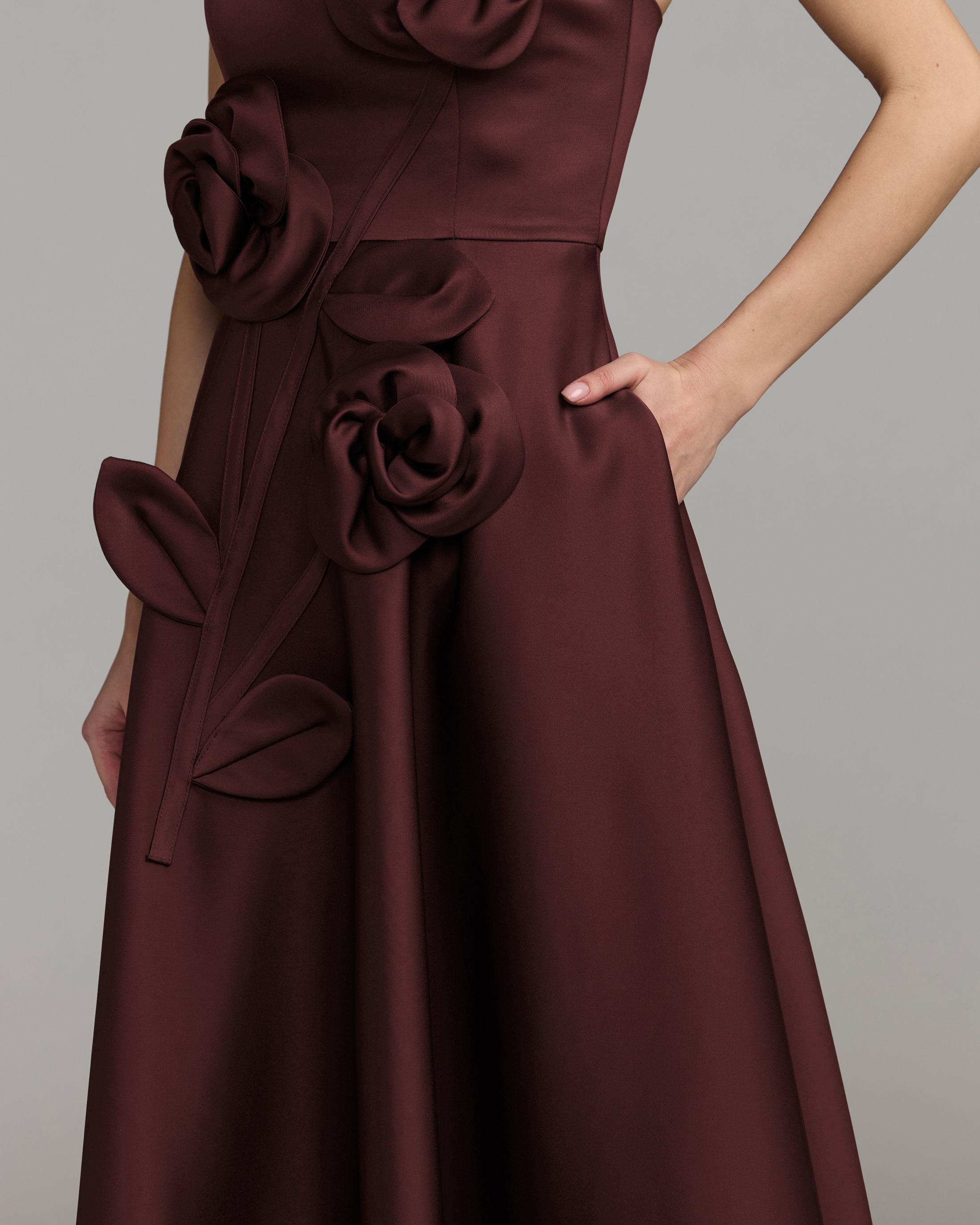 flowers with burgundy dress Strapless Satin A-Line 3D what color bouquet with red dress