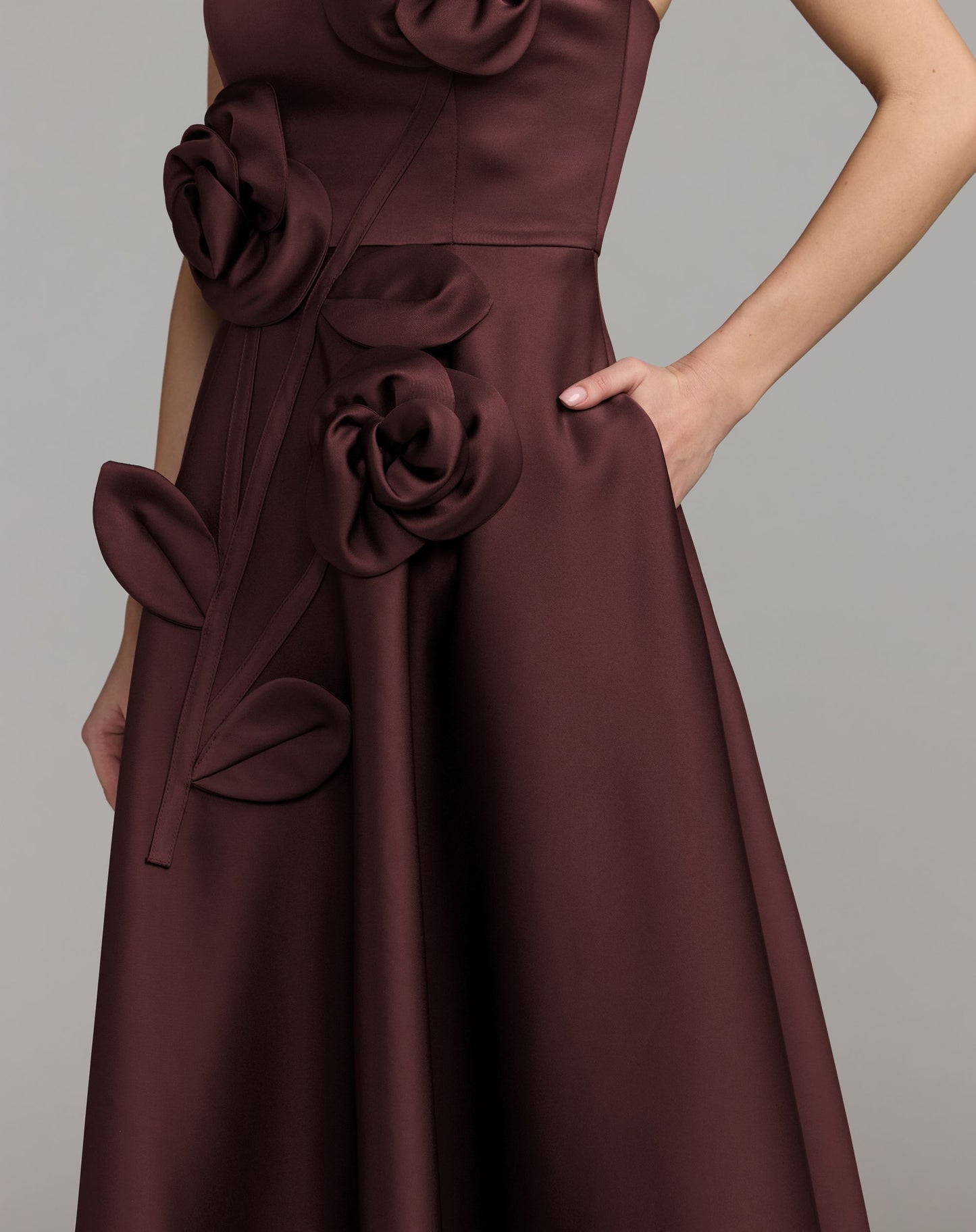 Burgundy Strapless Satin A-Line Dress With 3D Flowers - Ieena for Mac Duggal