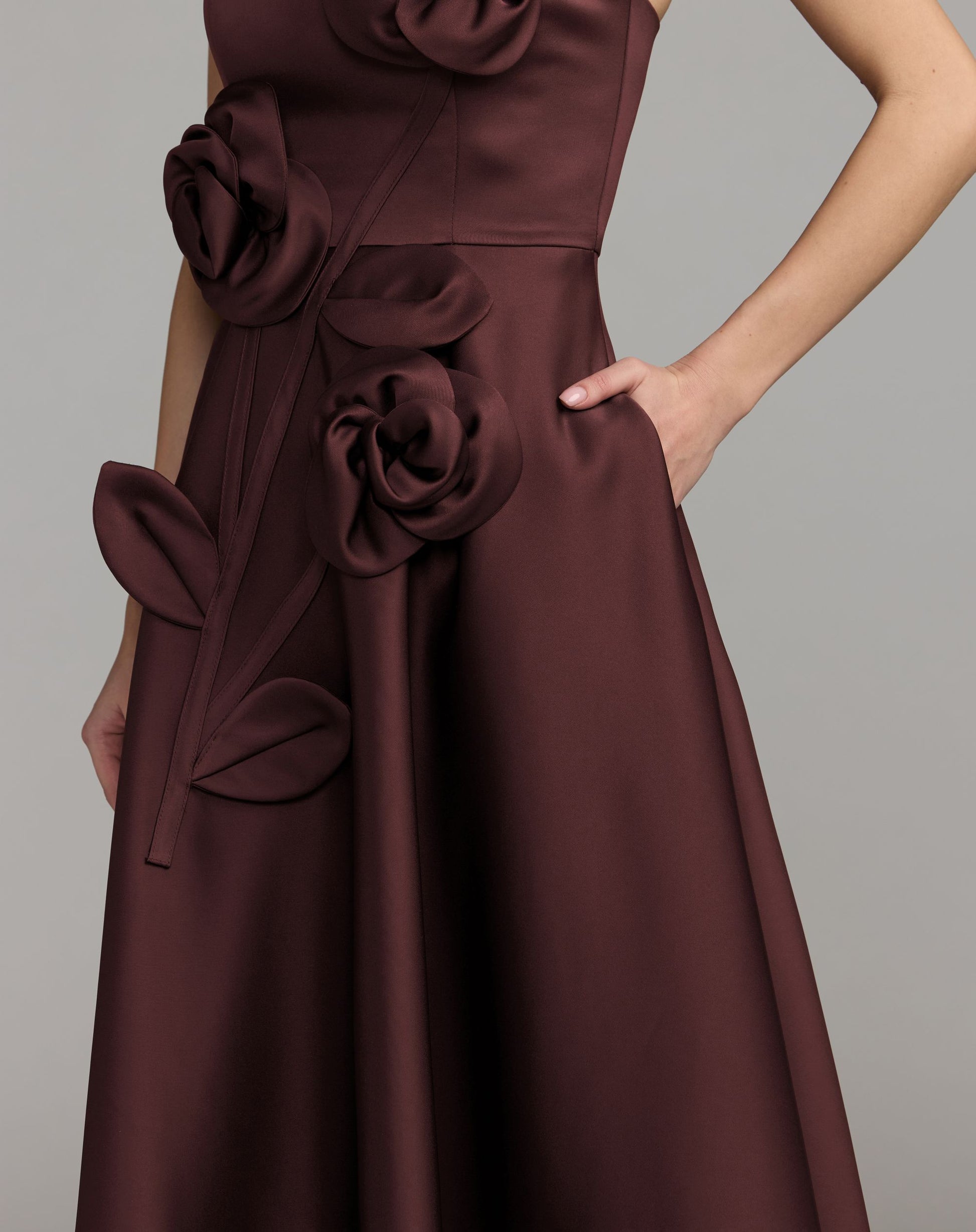 Burgundy Strapless Satin A-Line Dress With 3D Flowers - Ieena for Mac Duggal