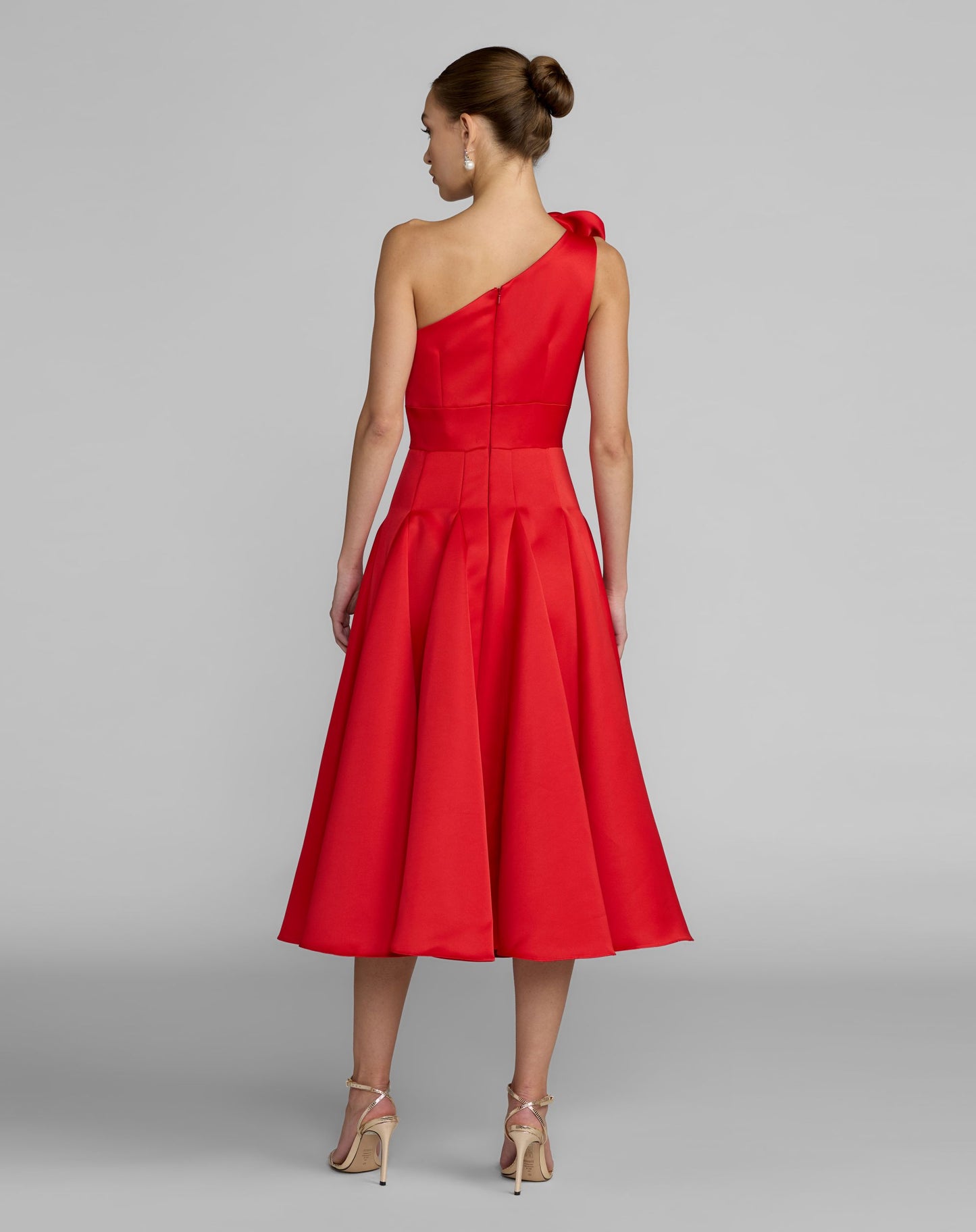 Red One Shoulder Satin Midi Dress With 3D Flower - Ieena for Mac Duggal