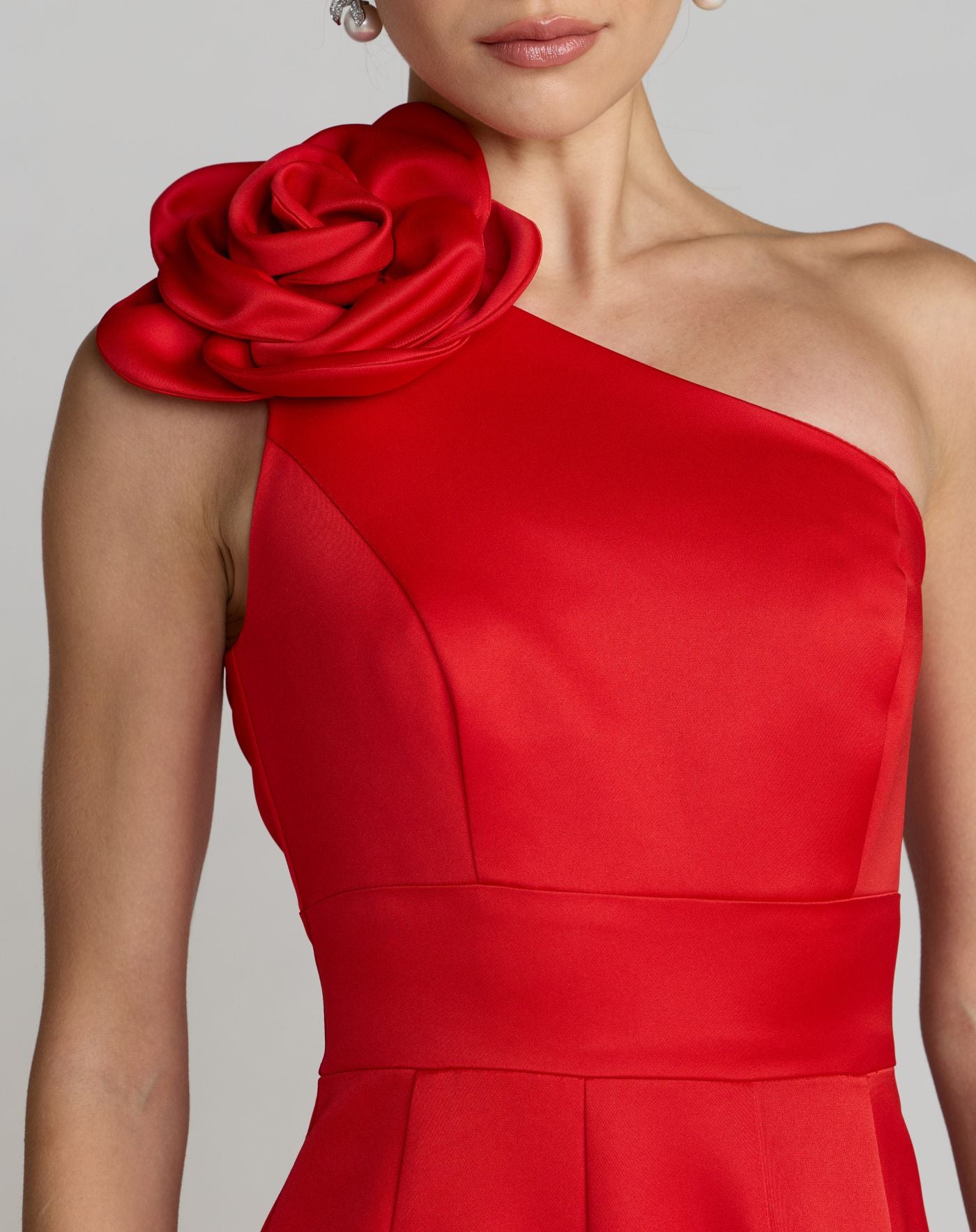 Red One Shoulder Satin Midi Dress With 3D Flower