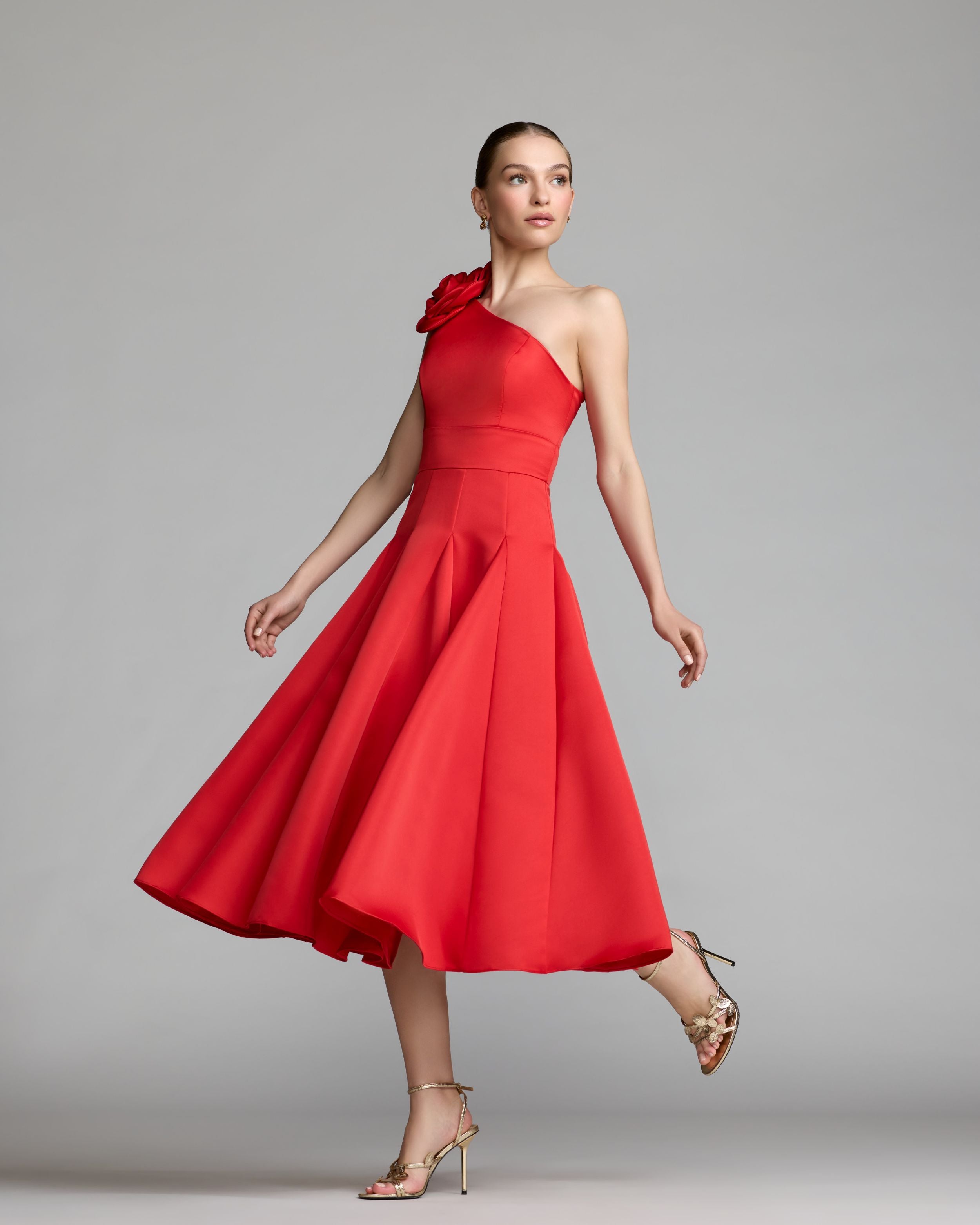 Mac Duggal Women's One Shoulder Satin Midi Dress With 3D Flower - Red