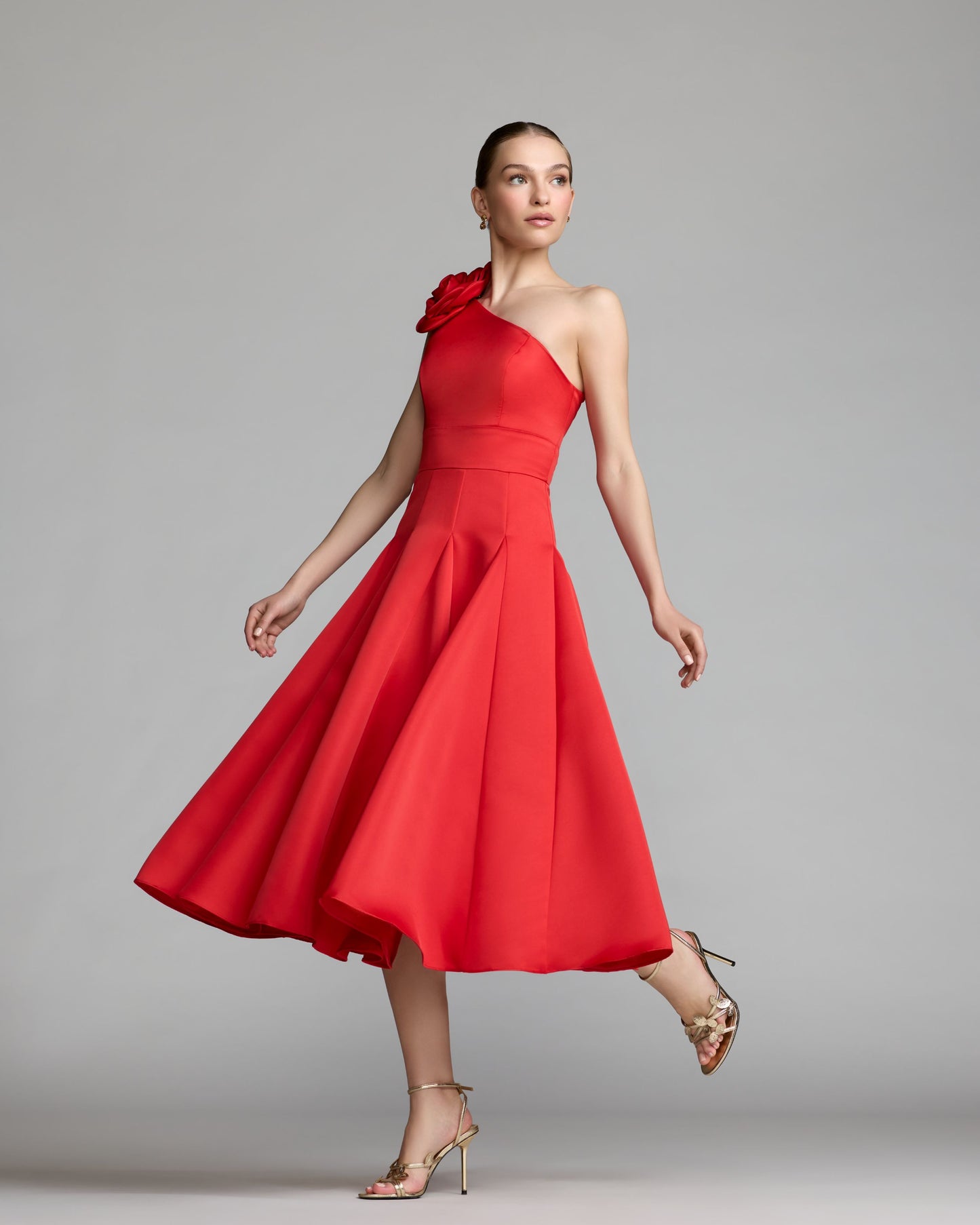 Mac Duggal Women's One Shoulder Satin Midi Dress With 3D Flower - Red