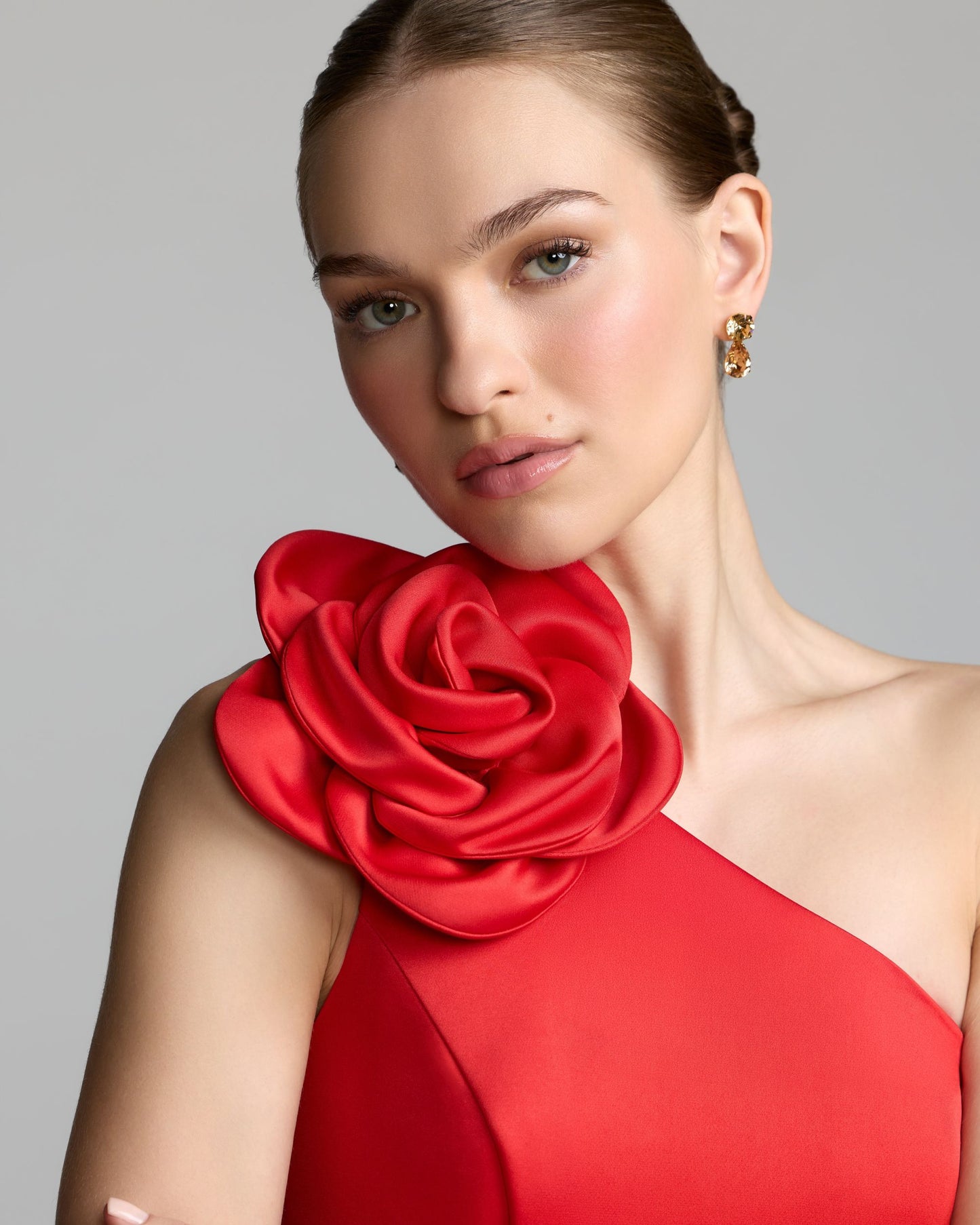 Red One Shoulder Satin Midi Dress With 3D Flower - Ieena for Mac Duggal