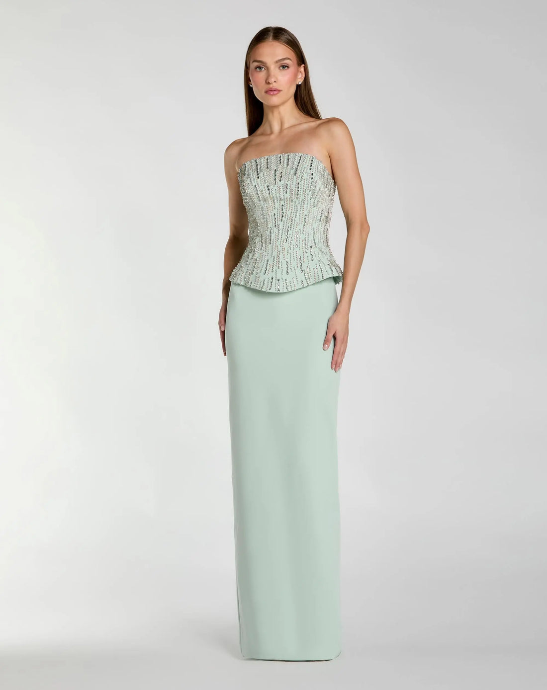 Green Embellished Crepe Strapless Column Gown | Mac Duggal Green Embellished Crepe Strapless Column Gown | Mac Duggal