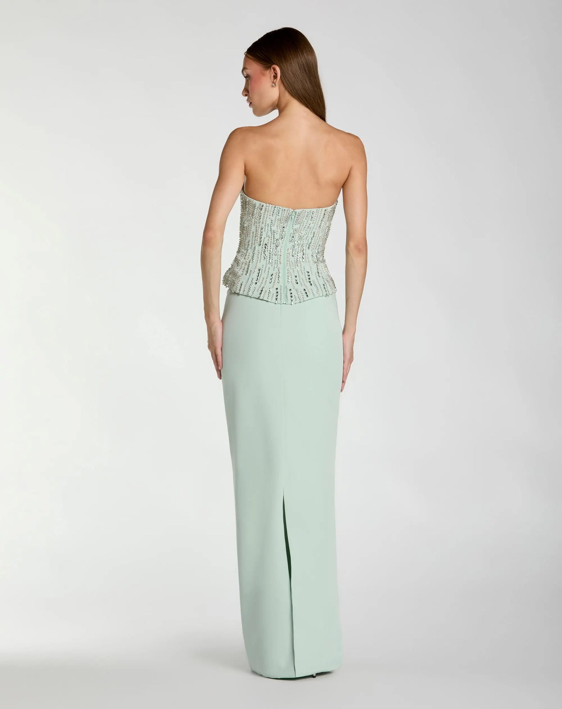 Green Embellished Crepe Strapless Column Gown | Mac Duggal Green Embellished Crepe Strapless Column Gown | Mac Duggal