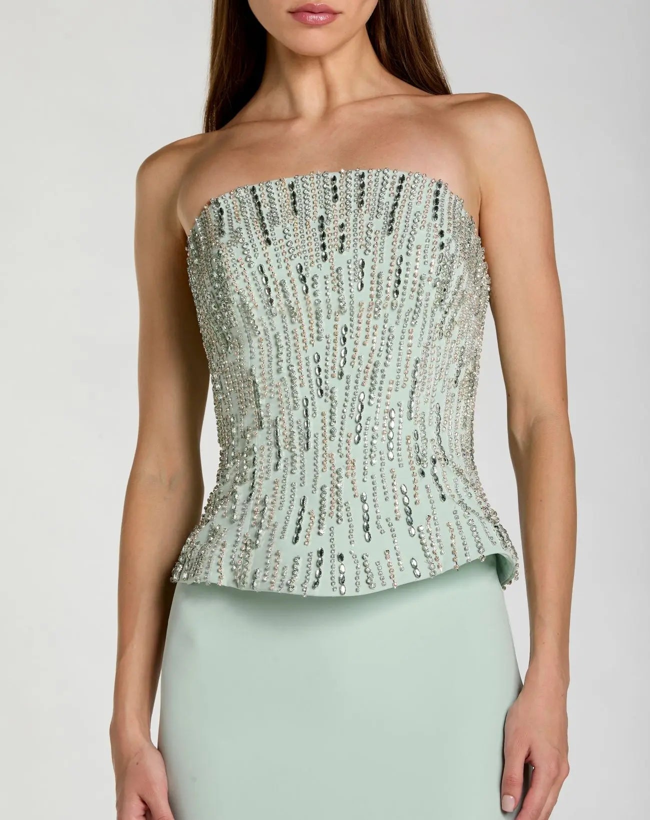 mac duggal mint green dress Green Embellished Crepe Strapless Column Gown