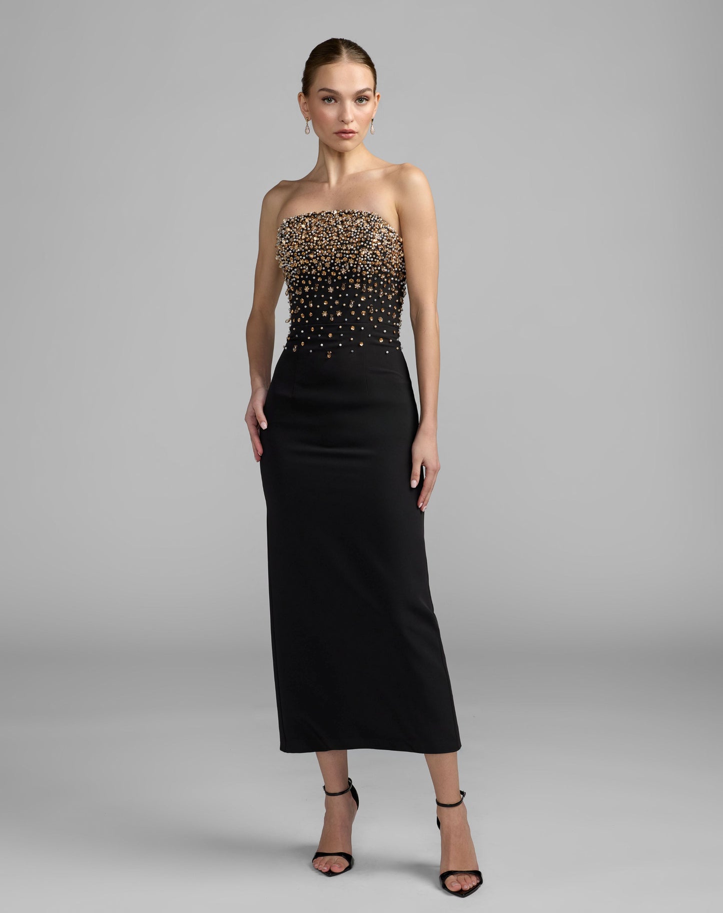 Black Beaded Strapless Crepe Midi Dress - Ieena for Mac Duggal