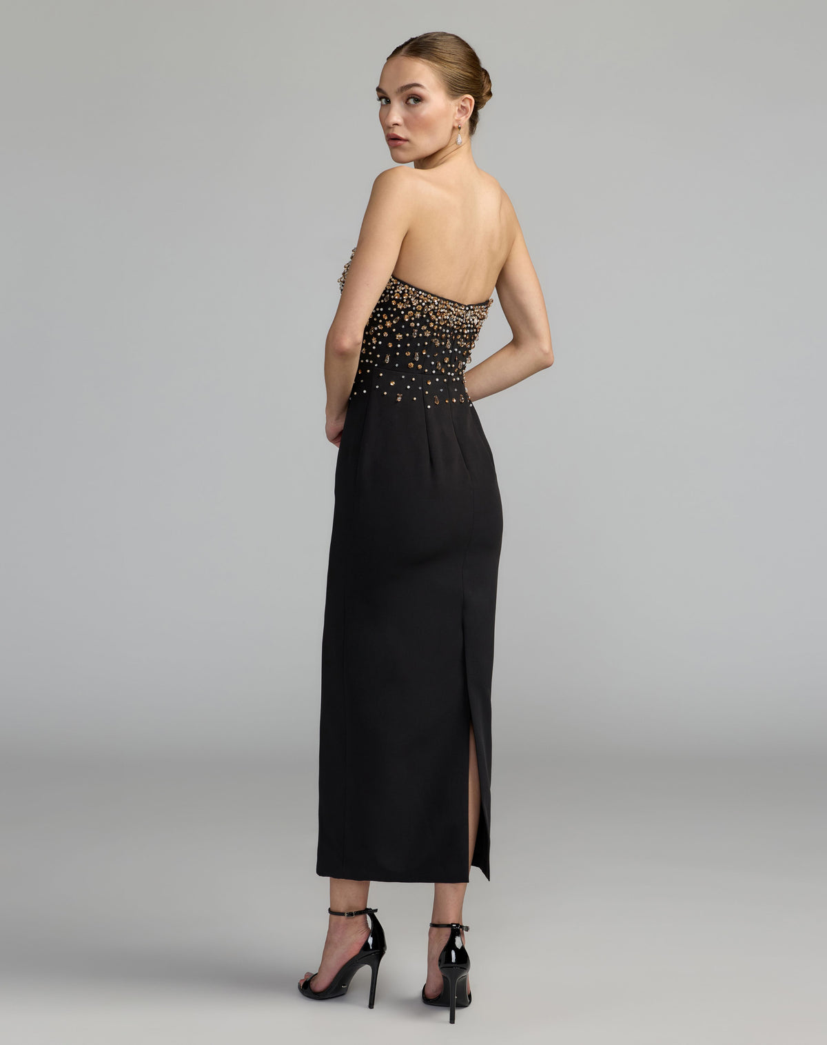 Black Beaded Strapless Crepe Midi Dress - Ieena for Mac Duggal