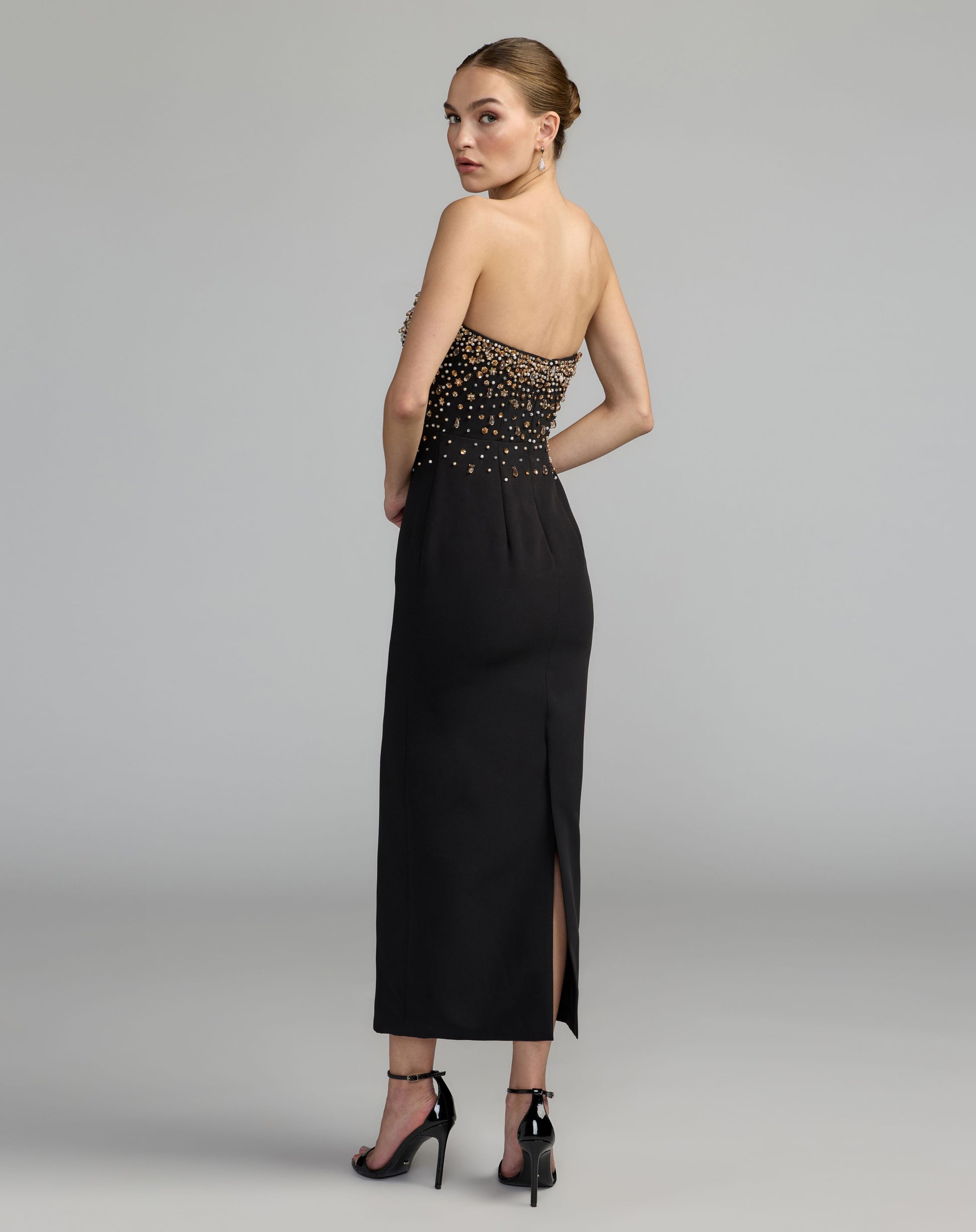 Black Beaded Strapless Crepe Midi Dress - Ieena for Mac Duggal