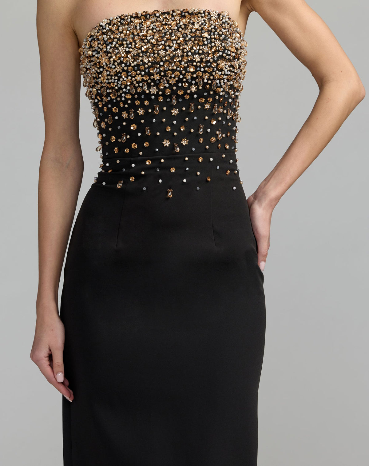 Black Beaded Strapless Crepe Midi Dress - Ieena for Mac Duggal