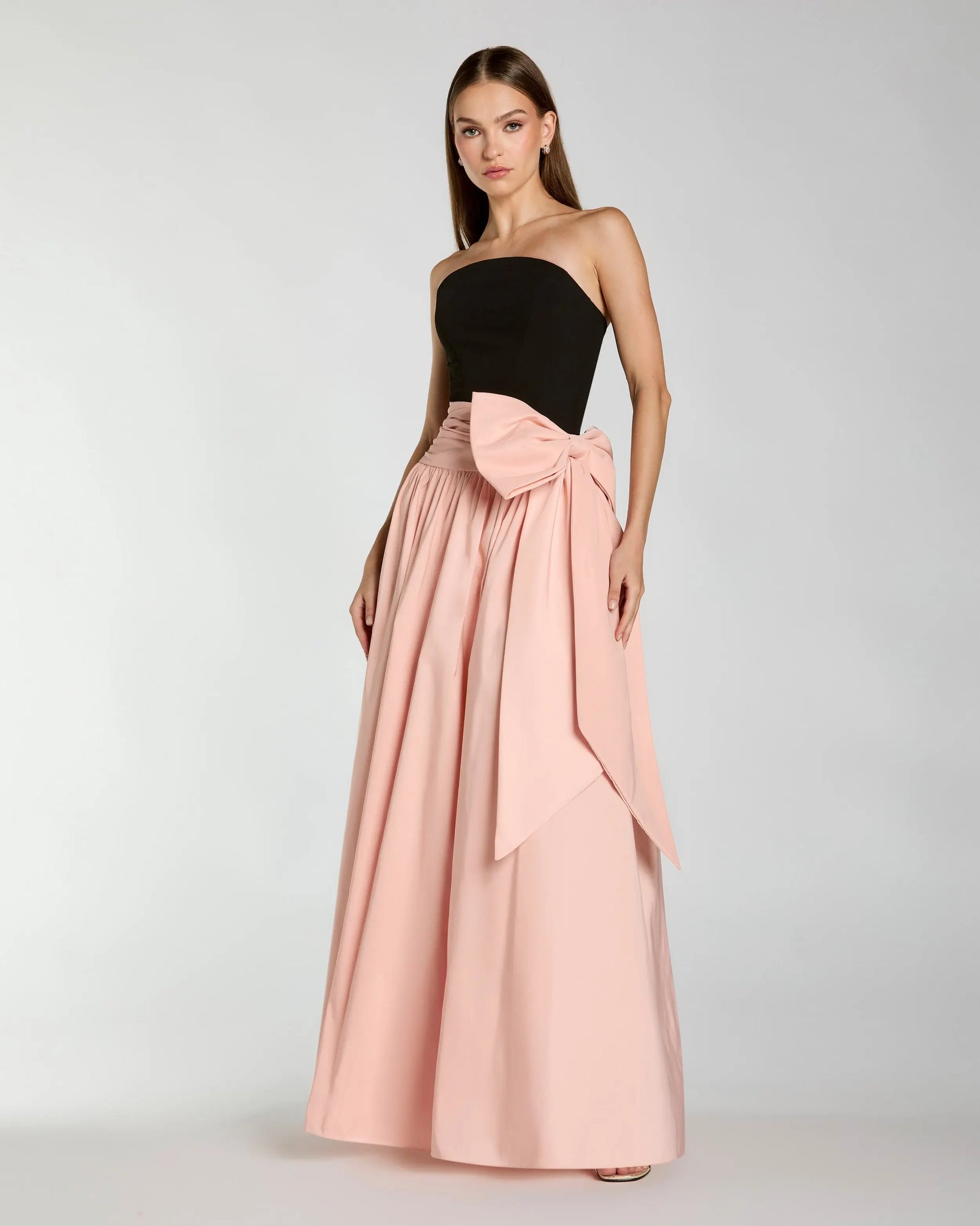 Black Pink Strapless Gown with Oversized Bow | Mac Duggal Black Pink Strapless Gown with Oversized Bow | Mac Duggal
