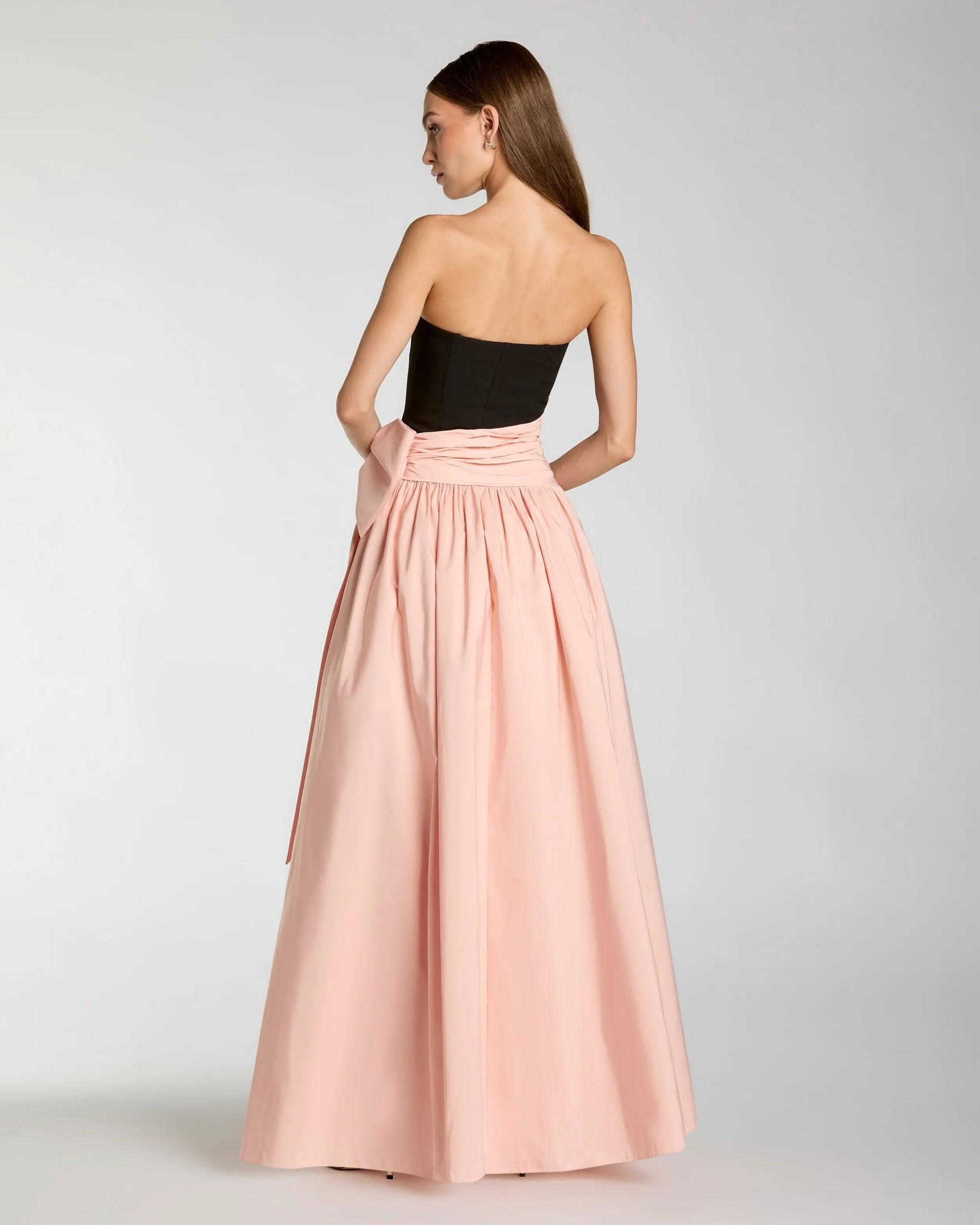 Mac Duggal Crepe and Faille Strapless Long Gown with Bow Detail, Womens, 12, Black/Blush Mac Duggal Crepe and Faille Strapless Long Gown with Bow Detail, Womens, 12, Black/Blush