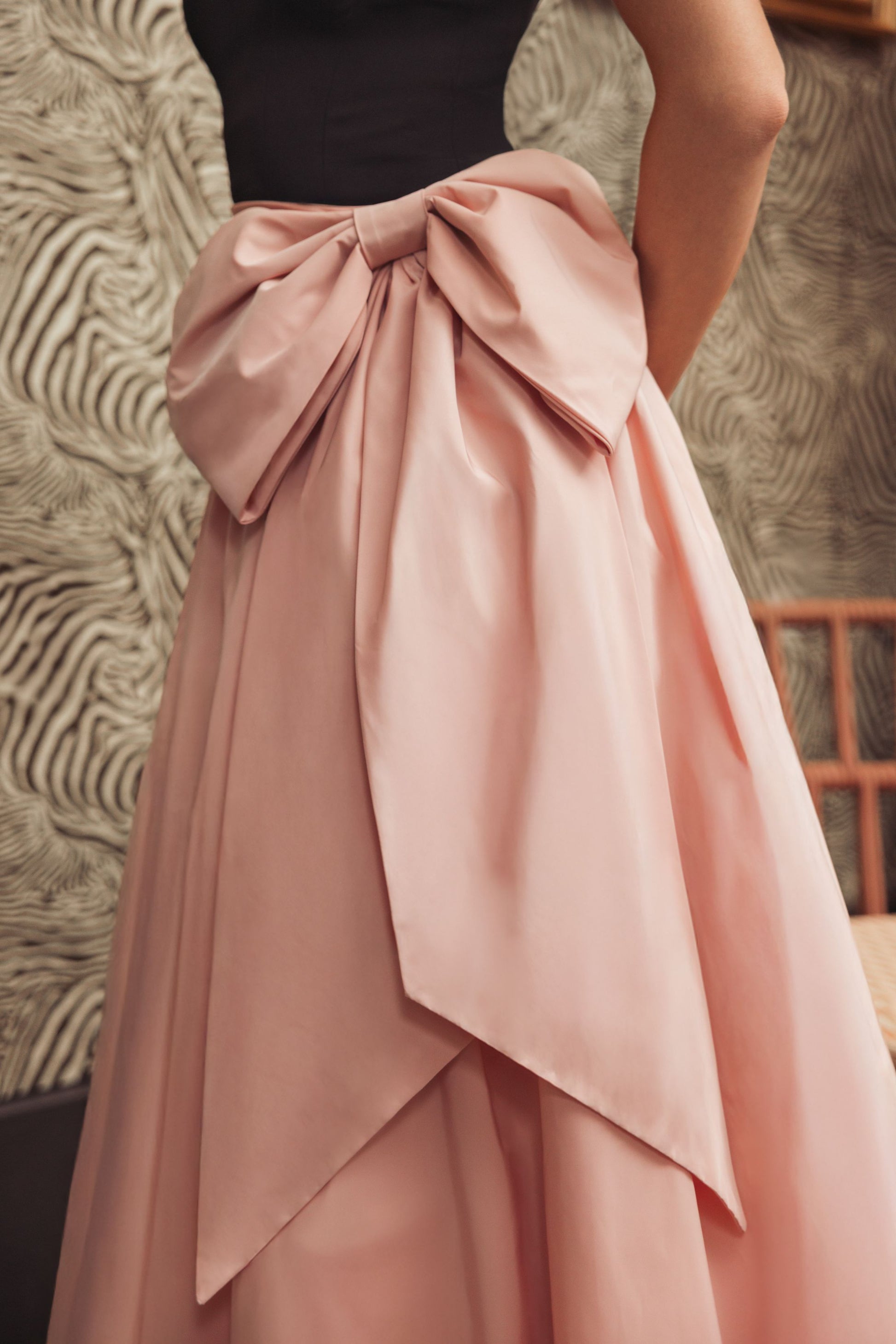 Black Pink Strapless Gown with Oversized Bow | Mac Duggal Black Pink Strapless Gown with Oversized Bow | Mac Duggal