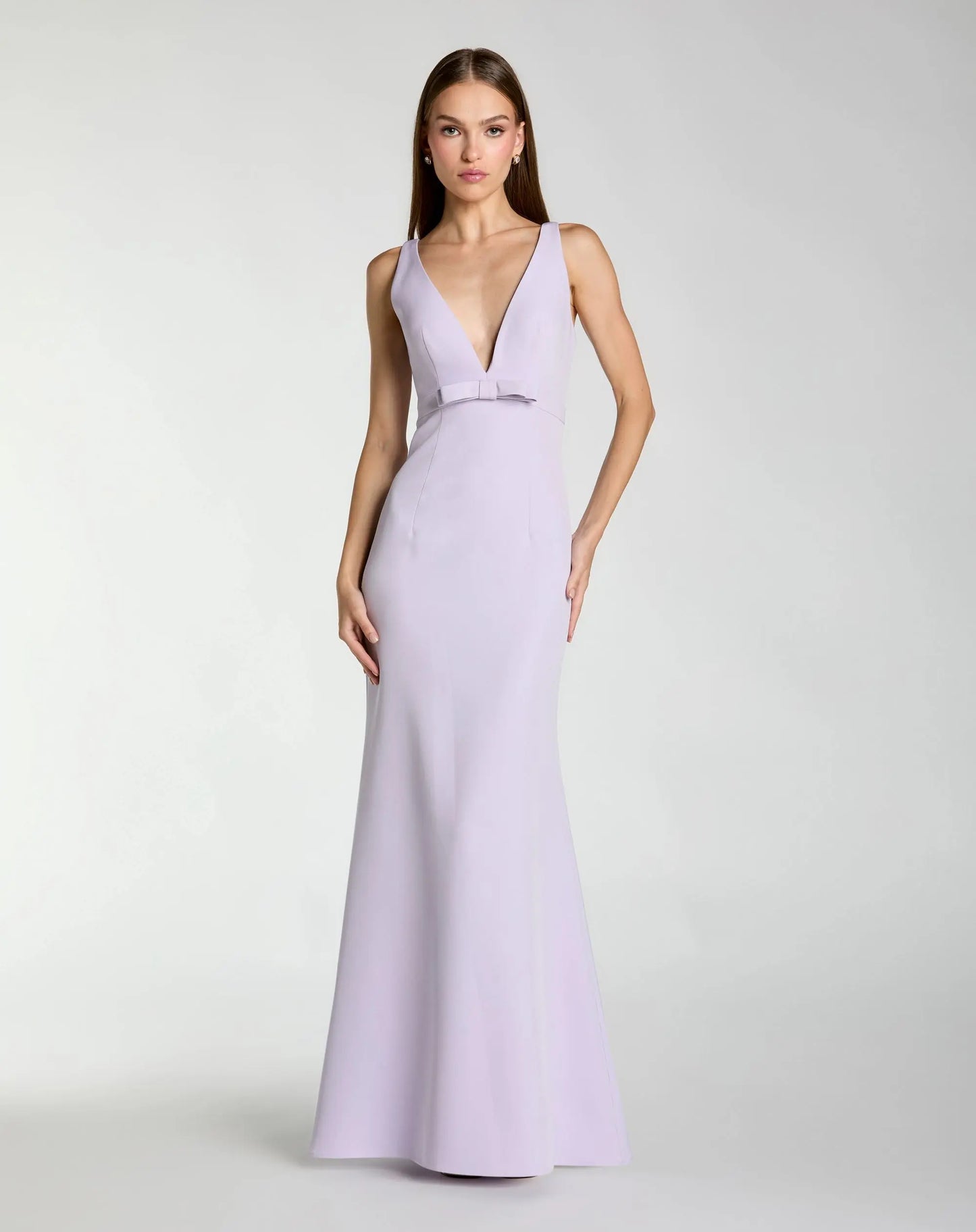 Purple Sleeveless V Neck Mermaid Gown with Bow - Ieena for Mac Duggal