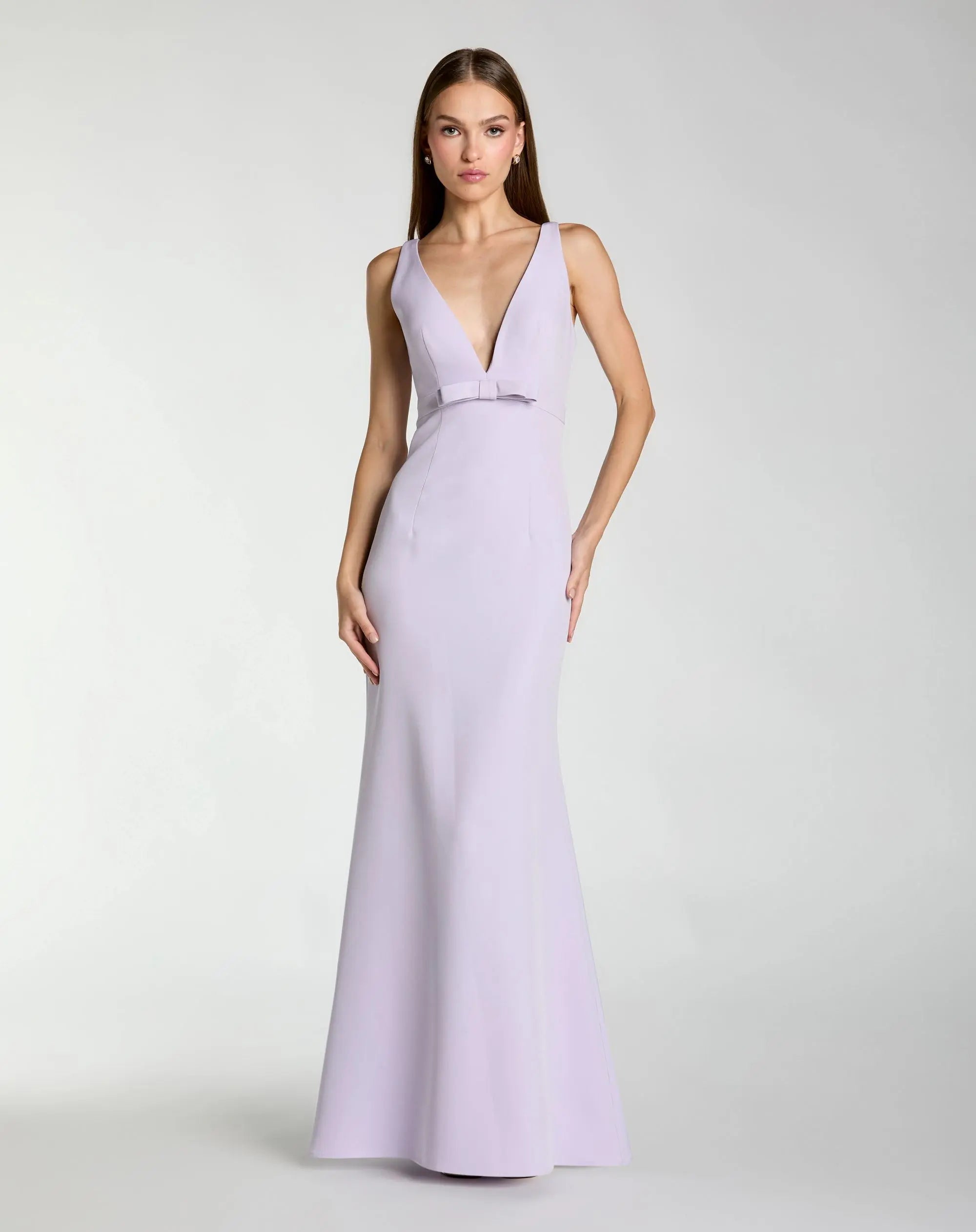 Purple Sleeveless V Neck Mermaid Gown with Bow - Ieena for Mac Duggal